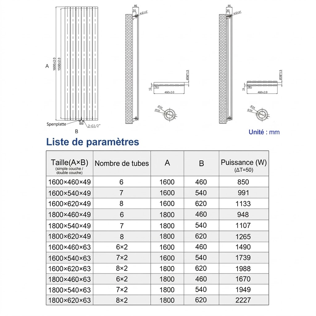 Heilmetz Radiateur à Eau Chaude Vertical en Acier, Chauffage Central Design Blanc 850W - H.160 x l.46 cm - 6