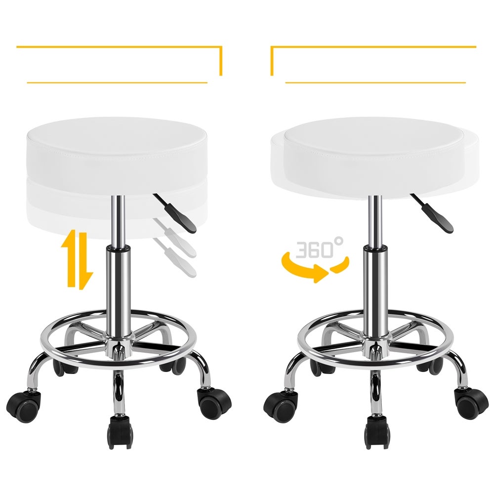 Tabouret Rond à Roulettes avec Assise Réglable en Hauteur et Revêtement en Similicuir Blanc Yaheetech - 6