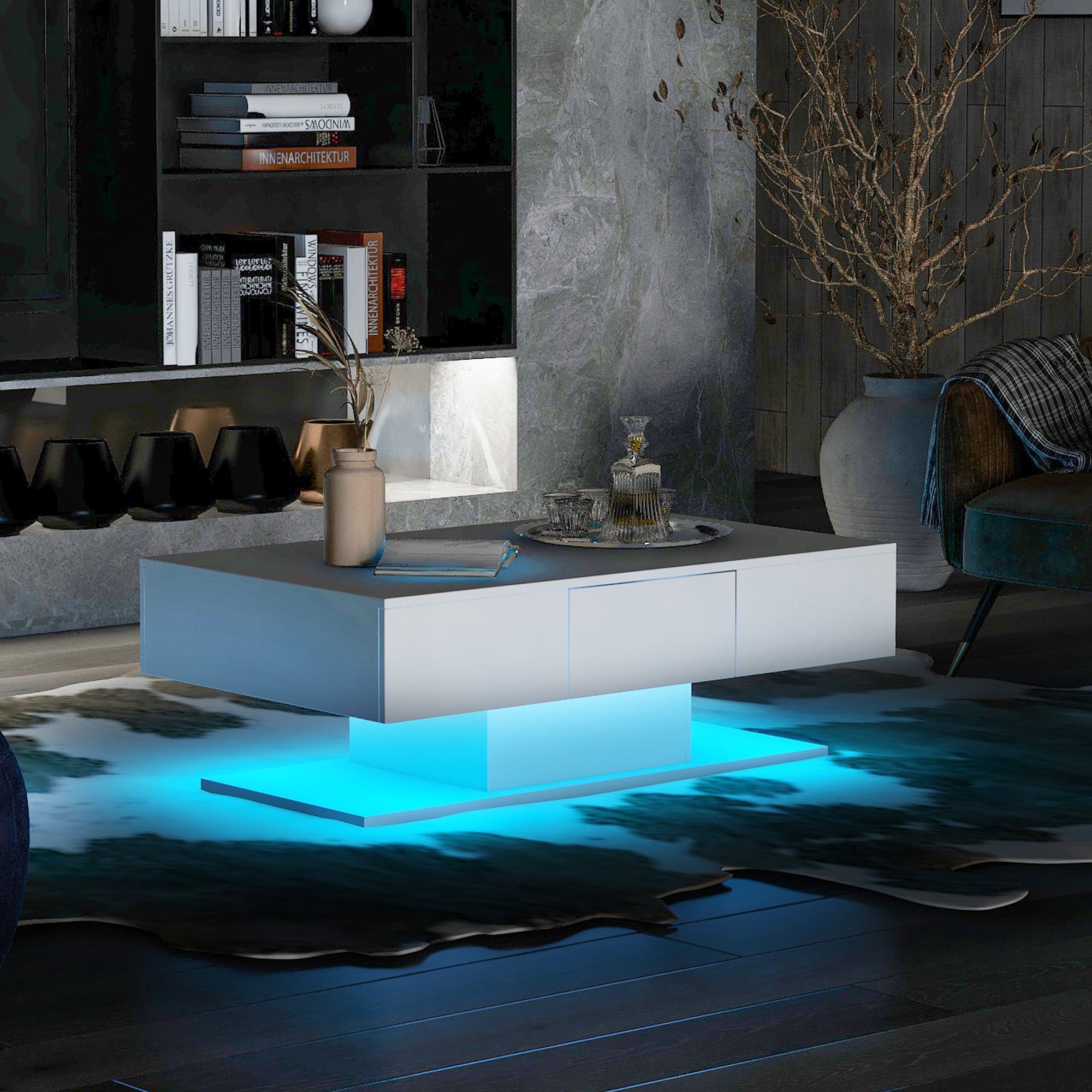 Table basse blanche brillance avec lumières LED et 2 tiroirs, pour ...