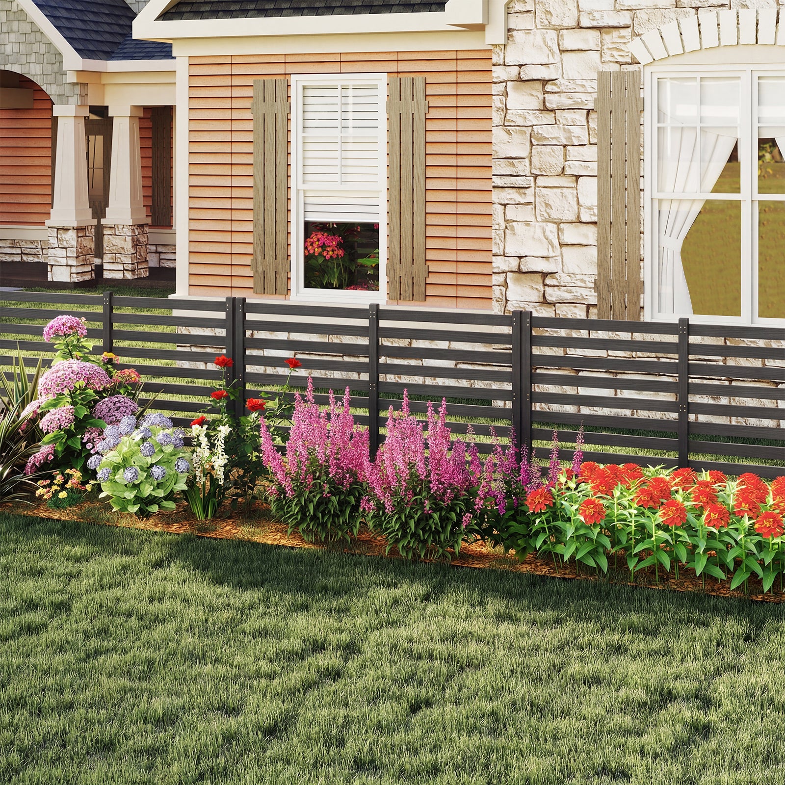 Clôture Jardin 2 Panneaux, Barriere Jardin à Lattes Modulable en Bois de Sapin avec Piquets, pour Poubelle, Climatiseur, 99x99x107CM, Noir - 2