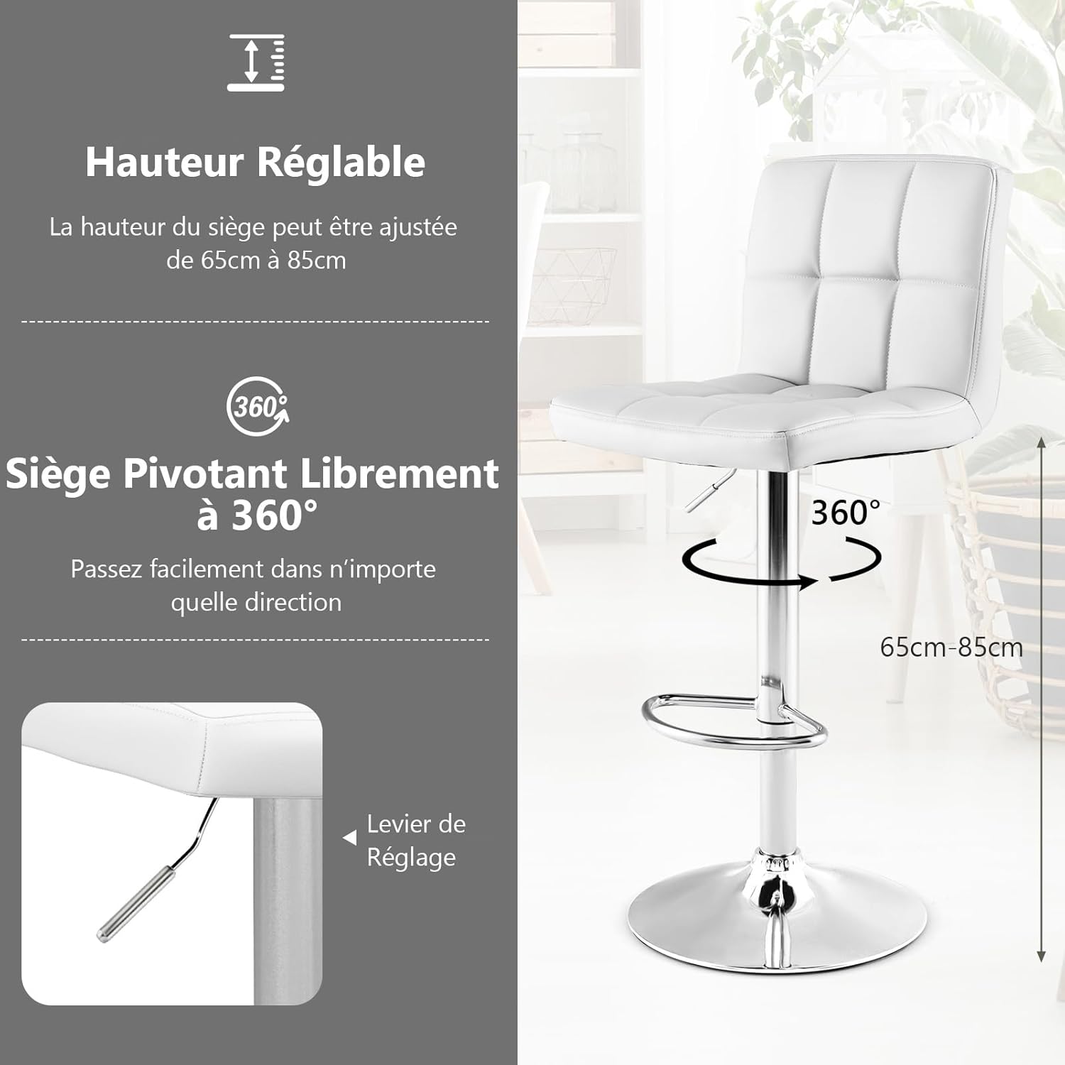 Set Sedie da Bar in Ecopelle con Altezza Regolabile, Seduta Girevole a 360°, Poggiapiedi e Base Metallica Antiscivolo, Sgabelli da Pranzo per - 5