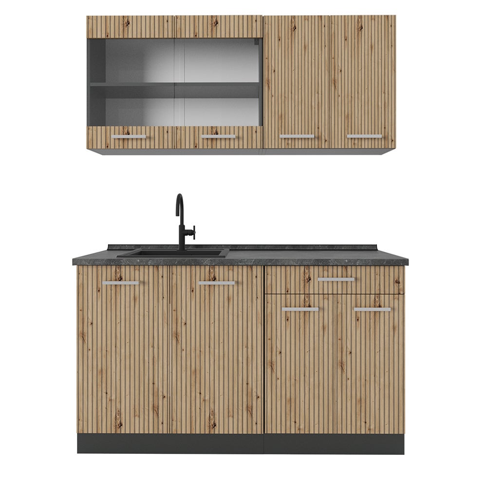 Cuisine Intégrée Vicco R-Line 240 Cm - Chêne Anthracite Brillant (Neuf, Kit Complet)