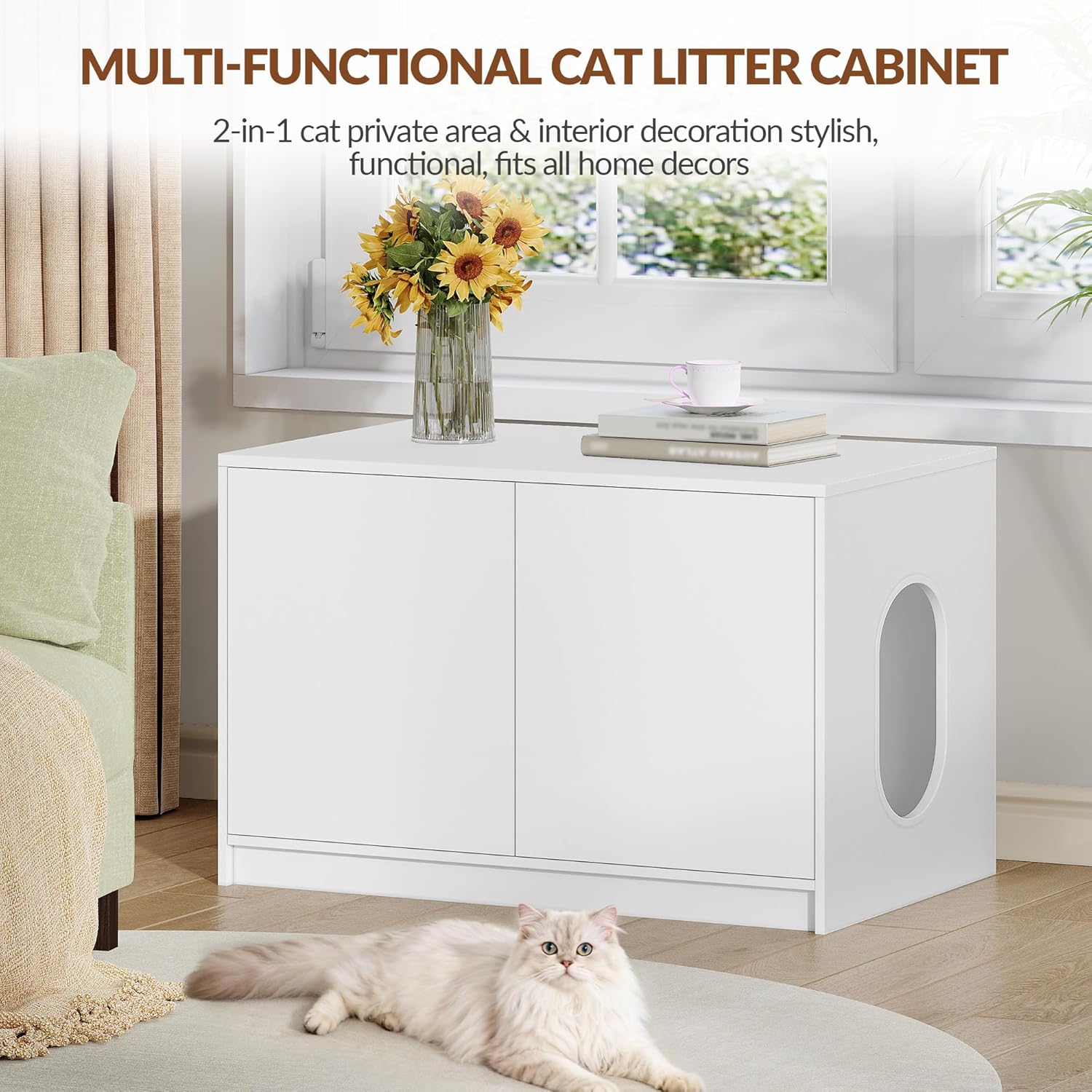 Móvel para caixa de areia para gatos, casa sanitária para gatos com portas de abertura por pressão e orifícios de ventilação, branca - 2