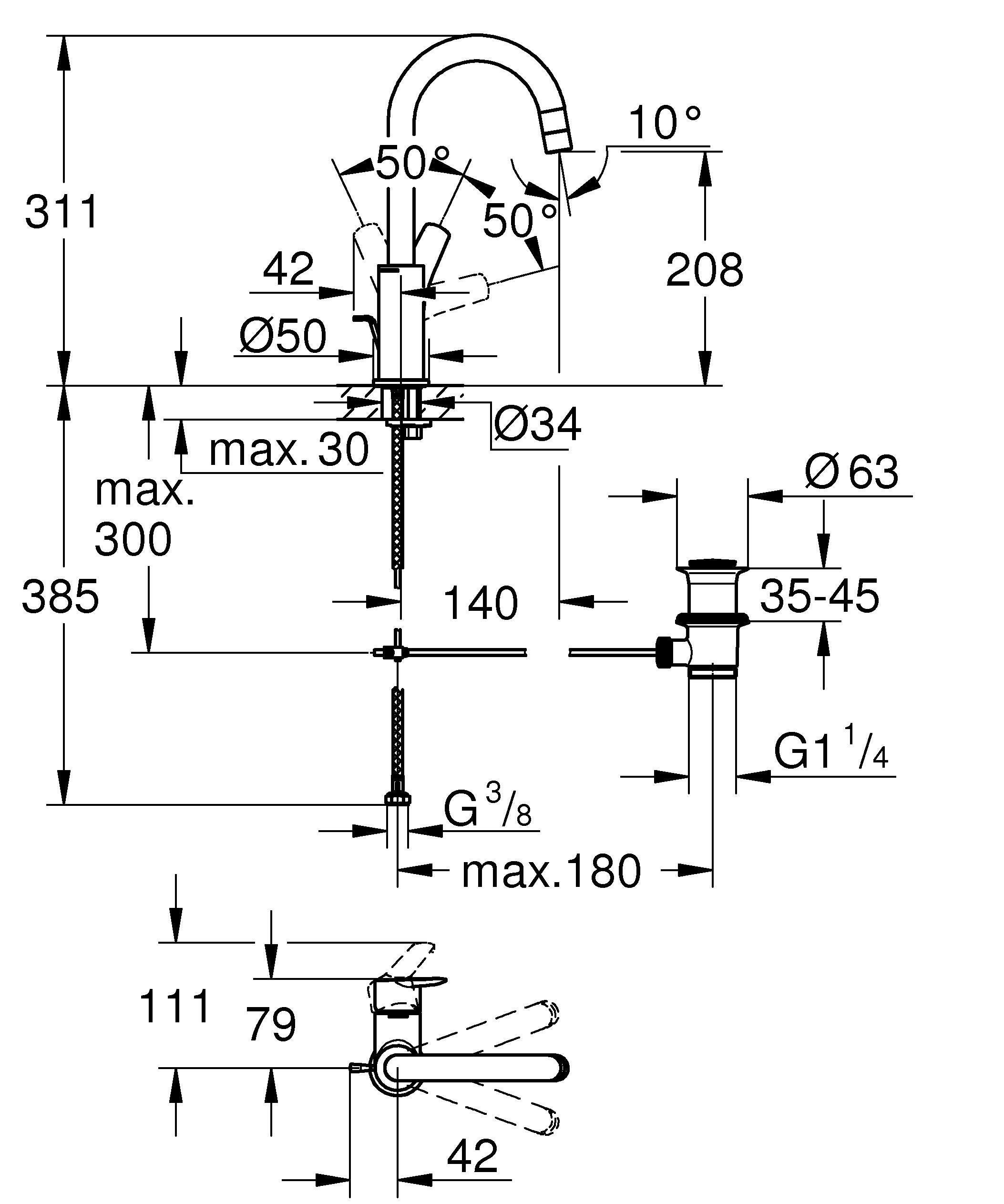 Miscelatore per lavabo cromato, bocca girevole, Start QuickFix, GROHE - 7