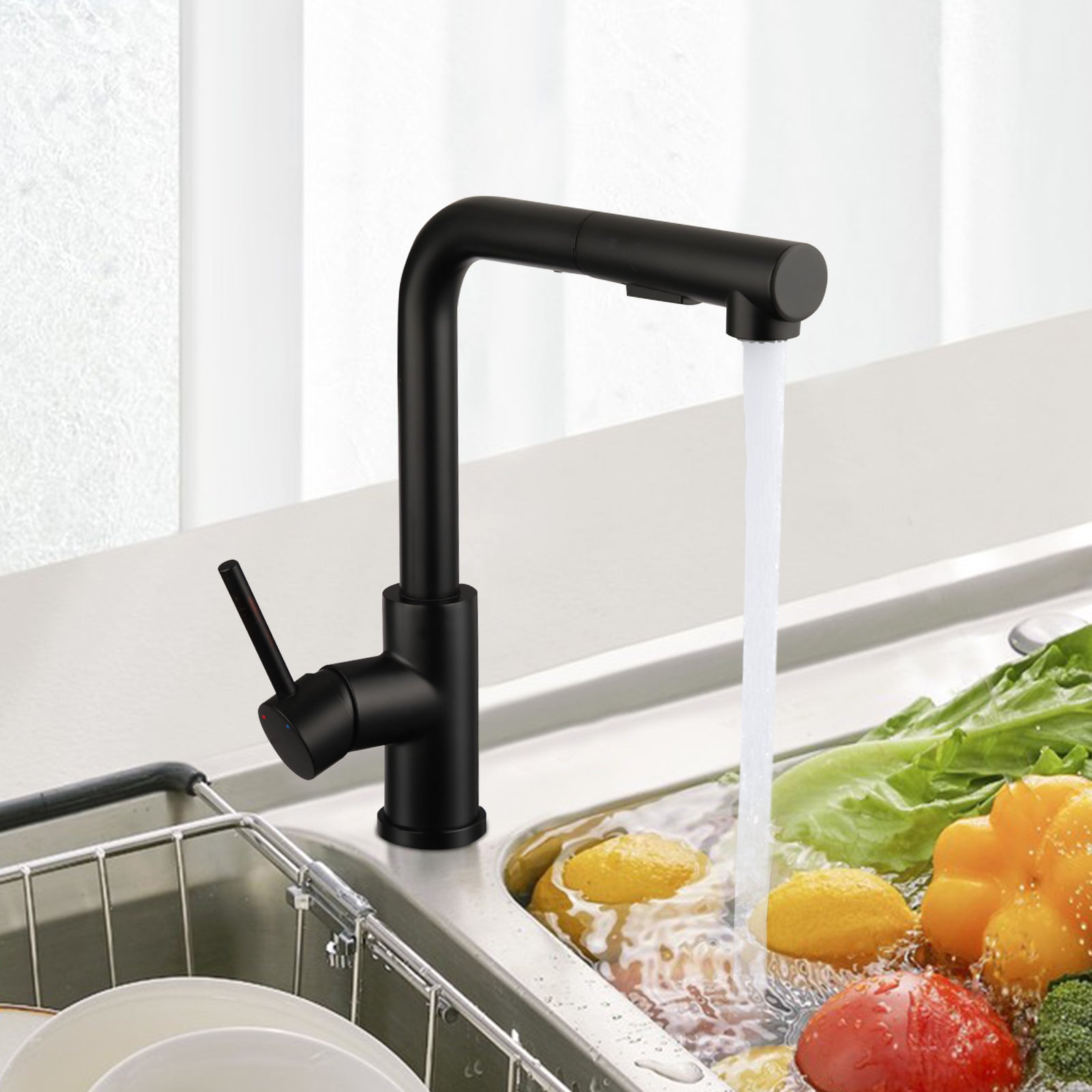 LOVHAUS Wyciągana Bateria Kuchenna, Bateria Kuchenna Wysokociśnieniowa Czarna, Bateria Obrotowa 360° z Dwoma Natryskami