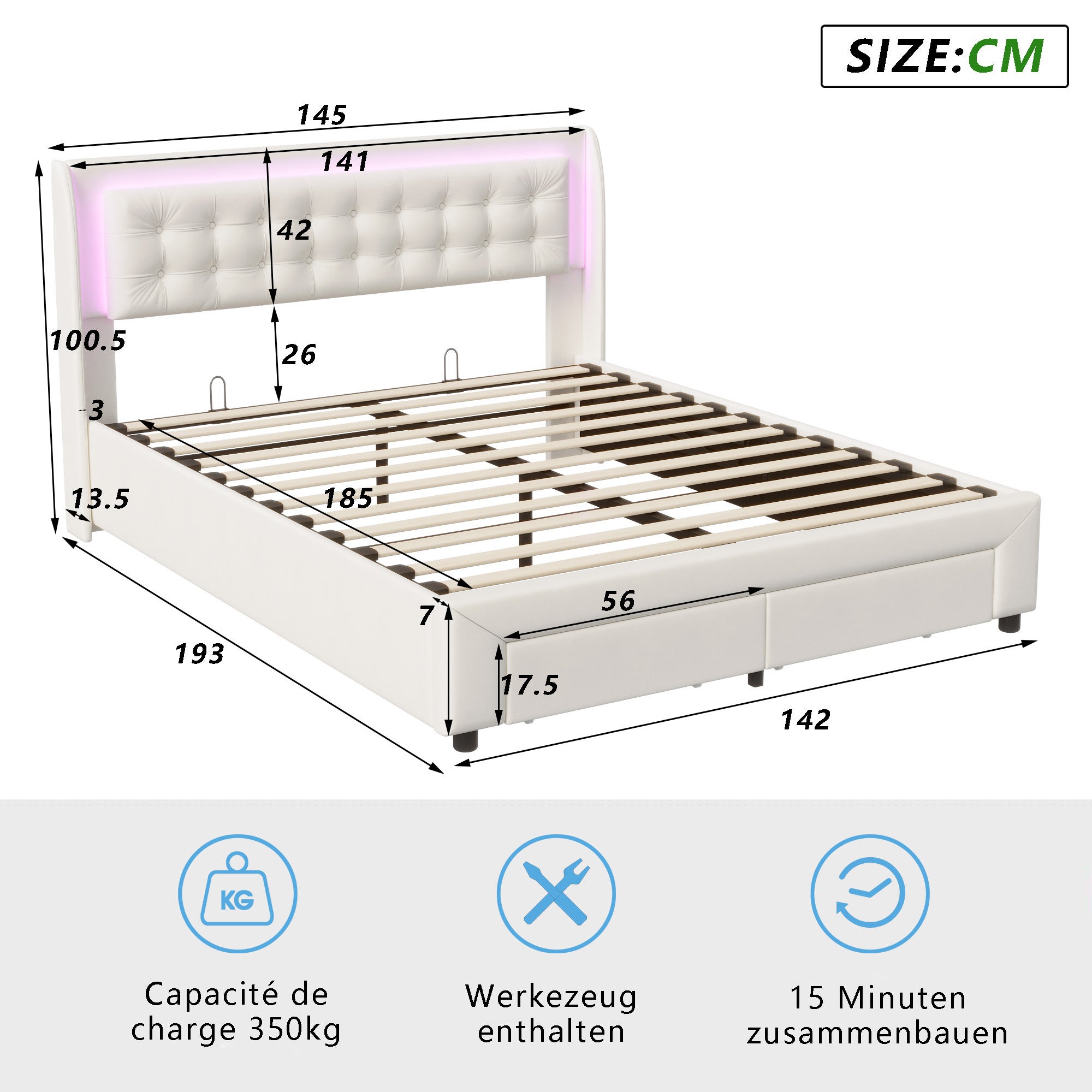Lit Coffre 140x190 avec Sommier avec 2 Tiroirs, Lit Double avec LED, Tête de Lit Capitonnée, Grand Rangement Hydraulique et 2 Tiroirs, Velours Beige - 2