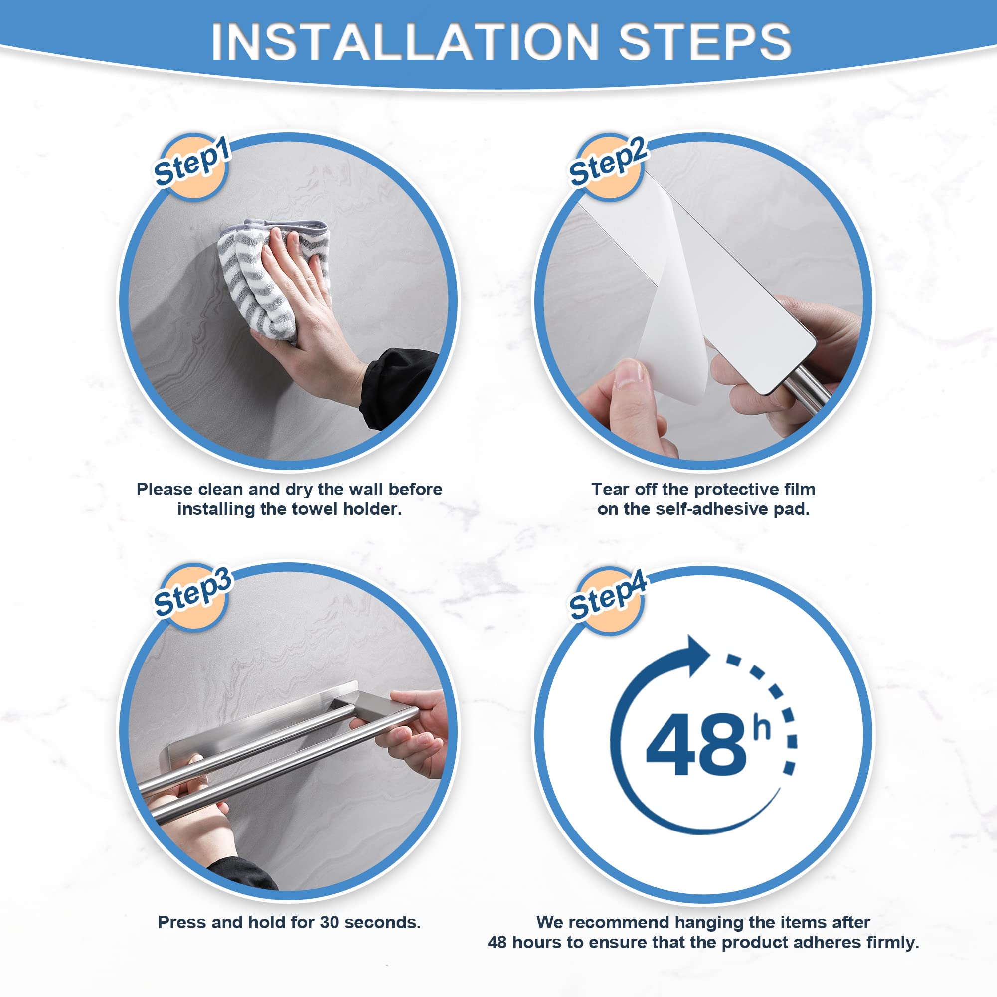 Porte-serviettes auto-adhésif en acier inoxydable, sans perçage, argent mat, porte-serviettes à deux bras, mural pour salle de bain - 8