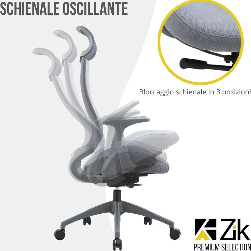 Fauteuil de bureau ergonomique pivotant, avec accoudoirs et appui-tête, assise coulissante et soutien lombaire, dossier oscillant, réglable - ZIK - 5