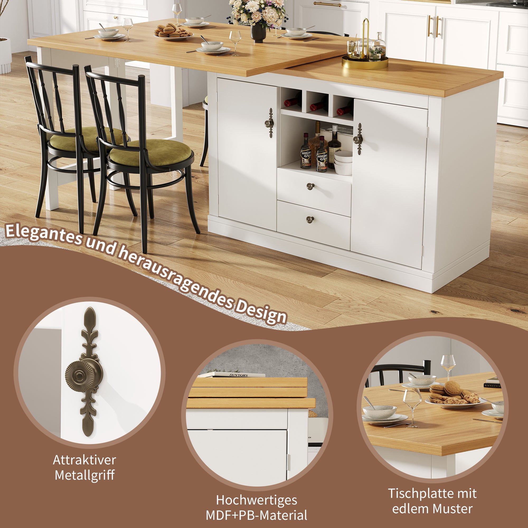 Rozkładany obrotowy stół jadalny z 2 drzwiami i 2 szufladami, wyspa kuchenna - 120-180 x 40 x 71,5 cm - MDF - Biały + naturalny - 9