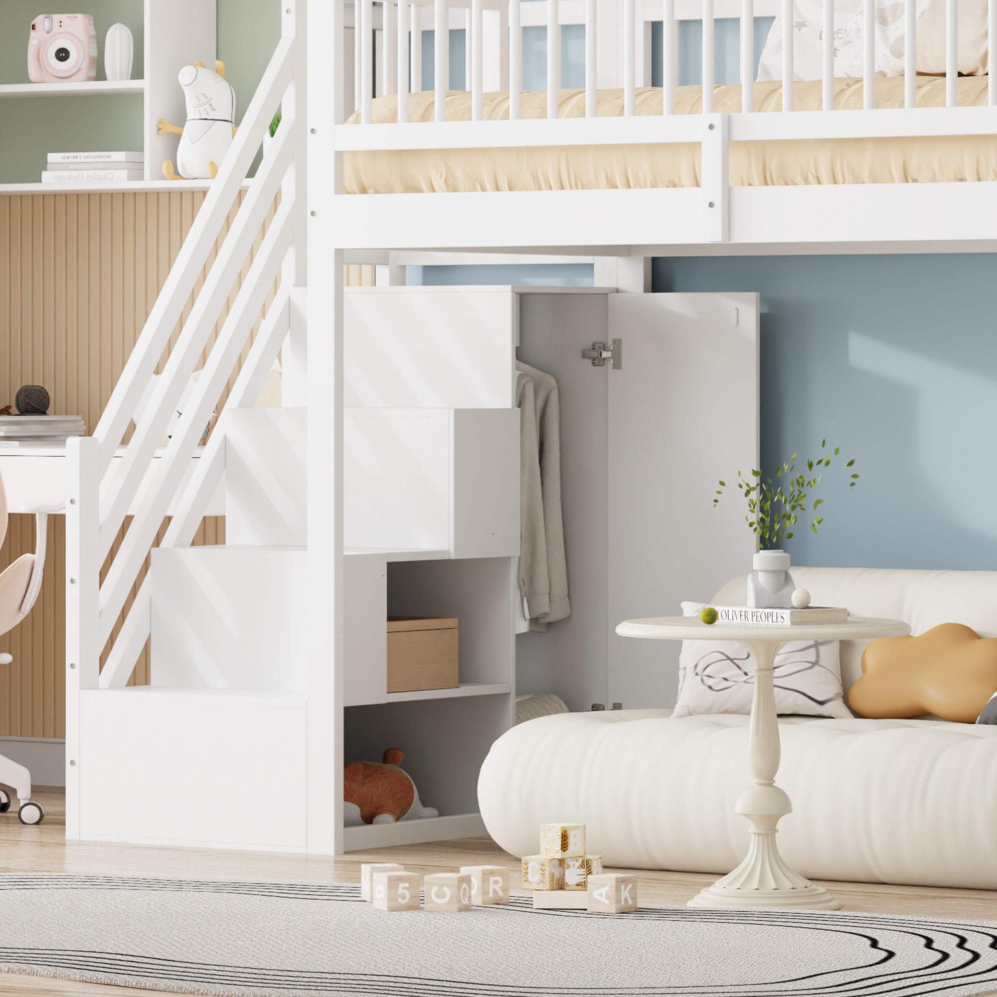 Lit mezzanine 90 x 200 cm, haute barrière de sécurité, avec penderie, étagères et rangement avec échelle de sécurité, lit multifonction, blanc - 6