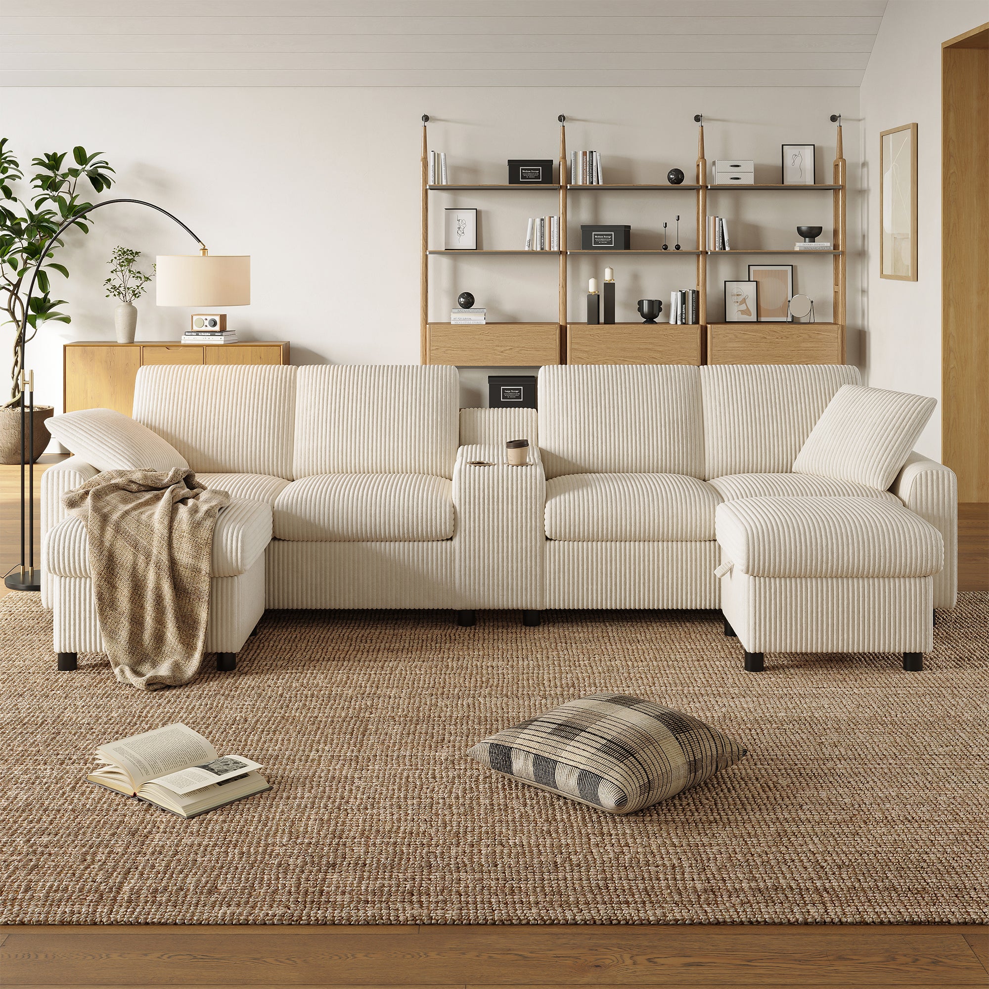4-osobowa sofa narożna z 2 podnóżkami ze schowkiem, uchwytami na kubki i portem USB – 315 x 135 x 81 cm – sztruks – beżowy