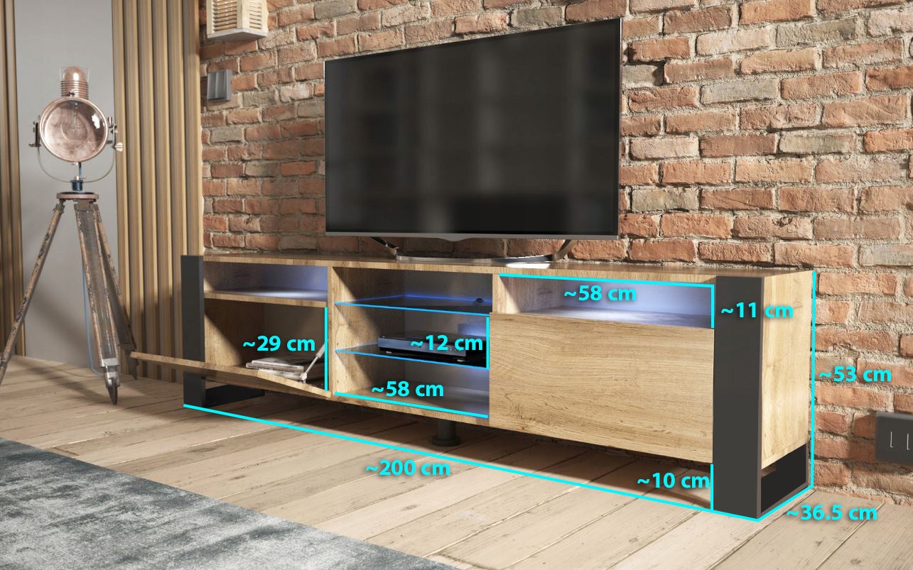 MEUBLE TV 200 CM LOVY LED CHENE MAT ET PORTE CHENE - STYLE INDUSTRIEL - 3