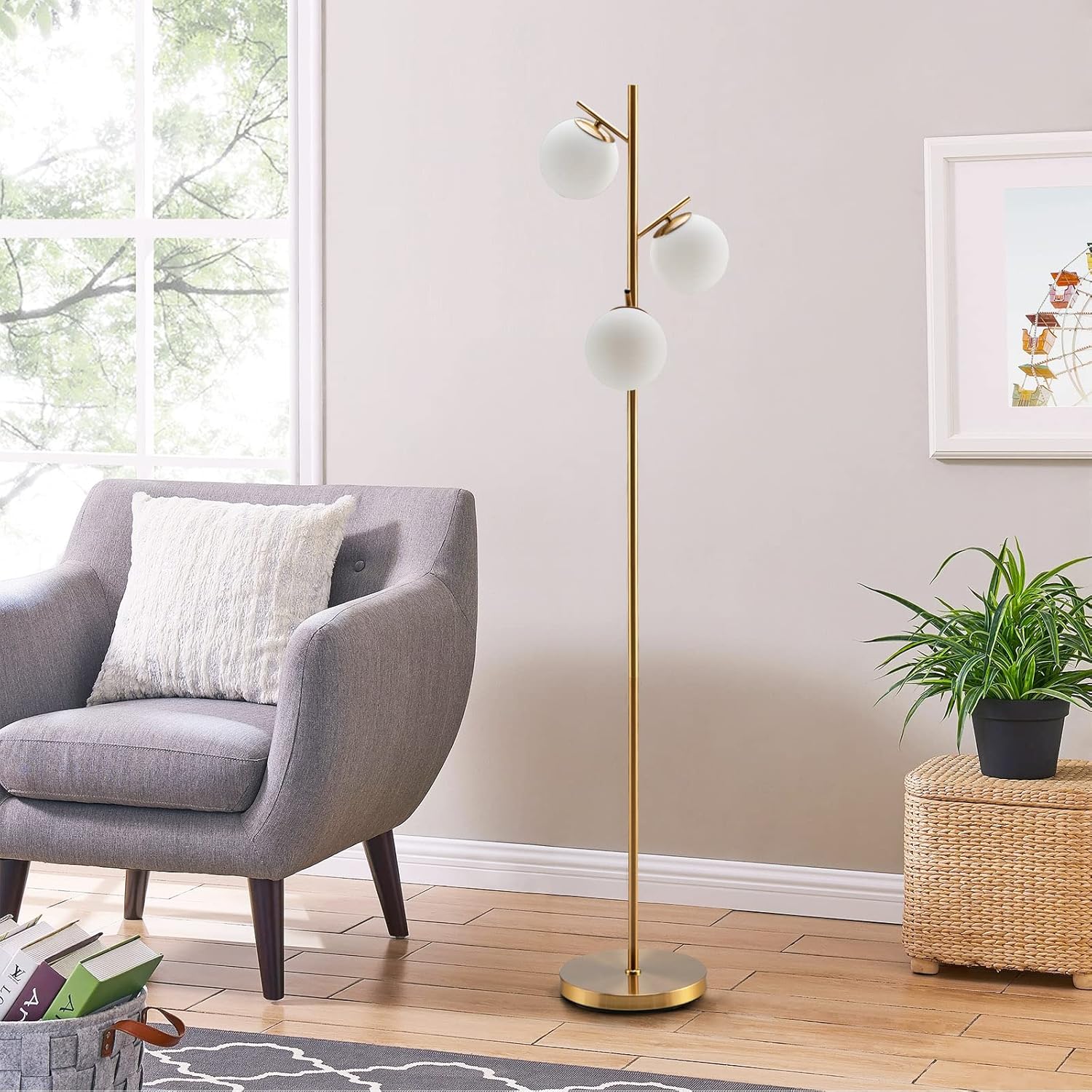 Lampada da Terra a 3 Globi, Lampada a Stelo Moderna con Comodo Interruttore a Pedale, 3 Basi per Lampadine e Robusto Palo in Metallo, Ideale p - 7