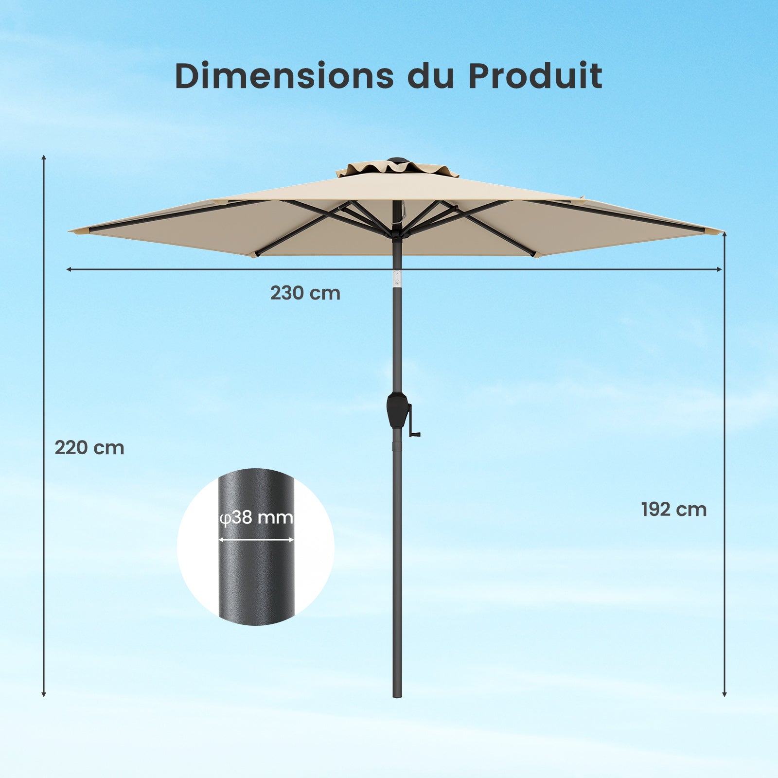 Parasol de Jardin Extérieur Ø 230 CM, Parasol Balcon sans Pied, Inclinaison Réglable à Bouton-Poussoir, 6 Baleines Robustes, Beige - 4