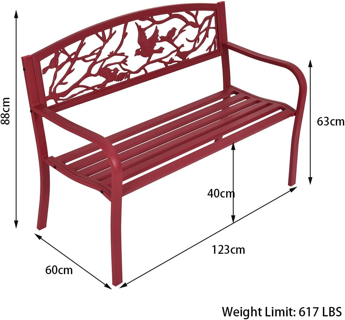 Banc de Jardin Structure Stable Banquette de Jardin Motif Oiseaux et Branches pour Parc Terrasse Balcon 123 x 60 x 88 cm Rouge - 3
