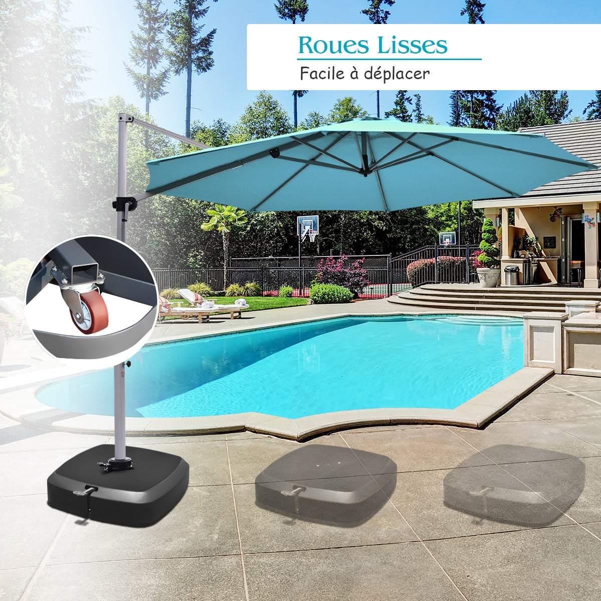 Pied Parasol avec Roulettes, Dalle Parasol Déporté avec Pédale de Commande, Rempli 150 kg Sable Humide/100 kg Eau, Base Portable pour Jardin, Noir - 6