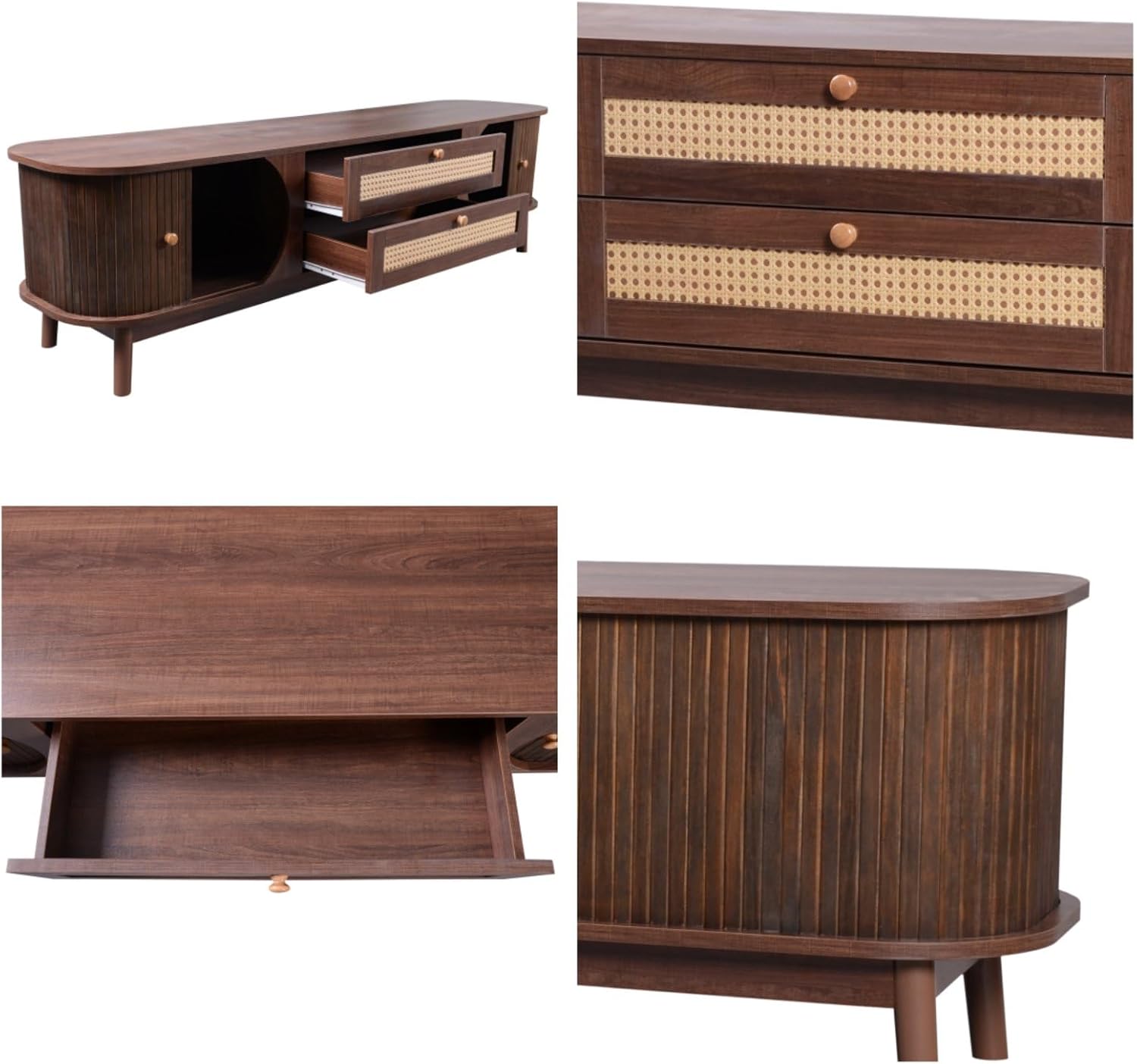 Meuble TV 170 cm en Bois Massif et Rotin, Meuble TV Bas avec 2 tiroirs et 2 portes coulissantes - Marron - 7