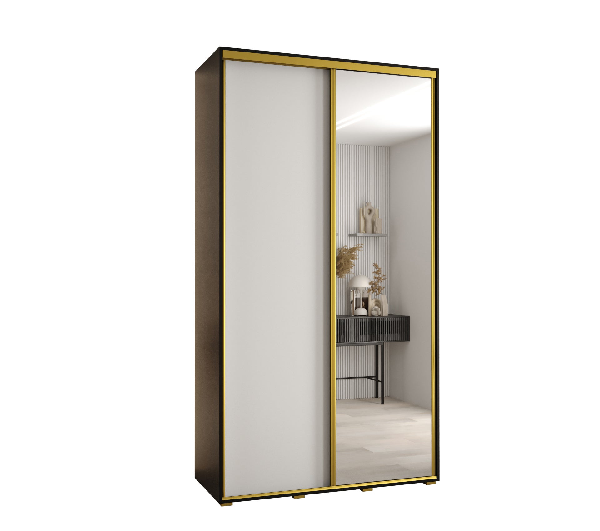 Szafa przesuwna z lustrem wysoka Davos 3 140 x 60 x 235,2 cm czarny + biały + u. złoty - Abiks Meble