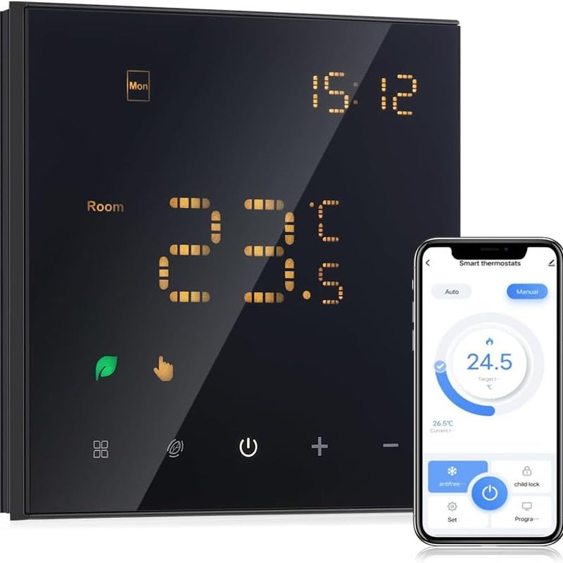 Inteligentny termostat grzejnika elektrycznego, czarny, programowalny termostat Wi-Fi, montaż ścienny, 16 A, pilot zdalnego sterowania Tuya