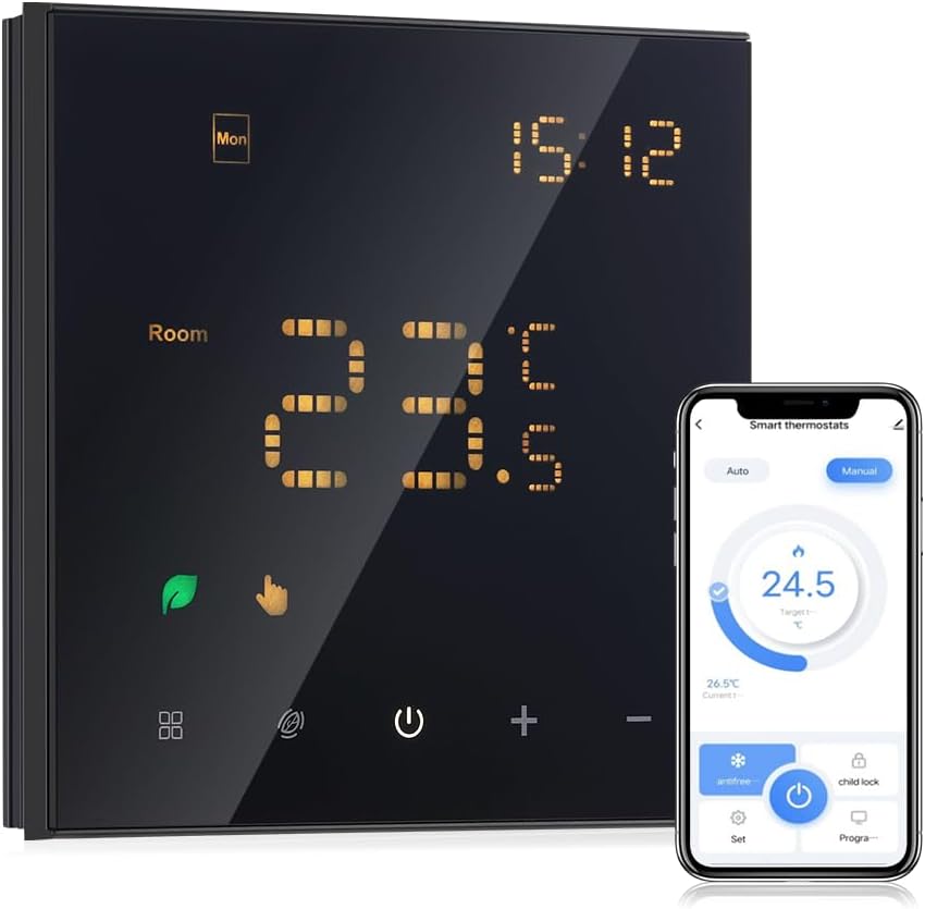 Inteligentny termostat grzejnika elektrycznego, czarny, programowalny termostat Wi-Fi, montaż ścienny, 16 A, pilot zdalnego sterowania Tuya