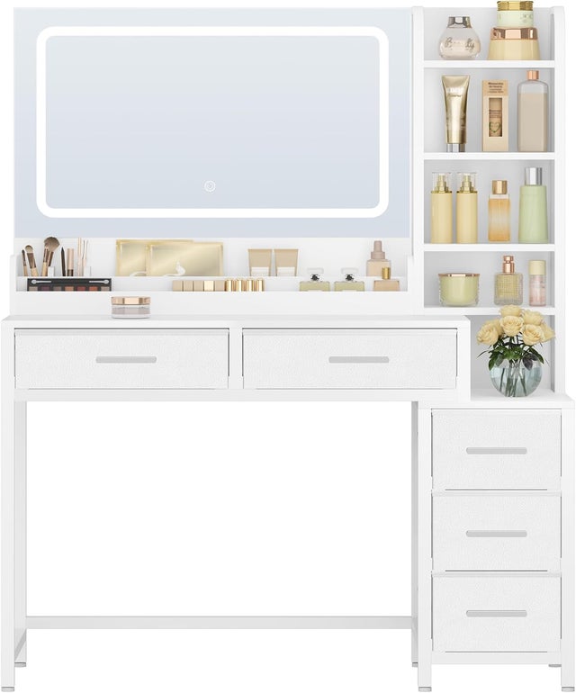 110 cm Coiffeuse avec Miroir, Table de Maquillage avec Éclairage LED, Luminosité Réglable, 3 Couleurs, 5 Tiroirs et 5 Compartiments Ouverts, Blanc