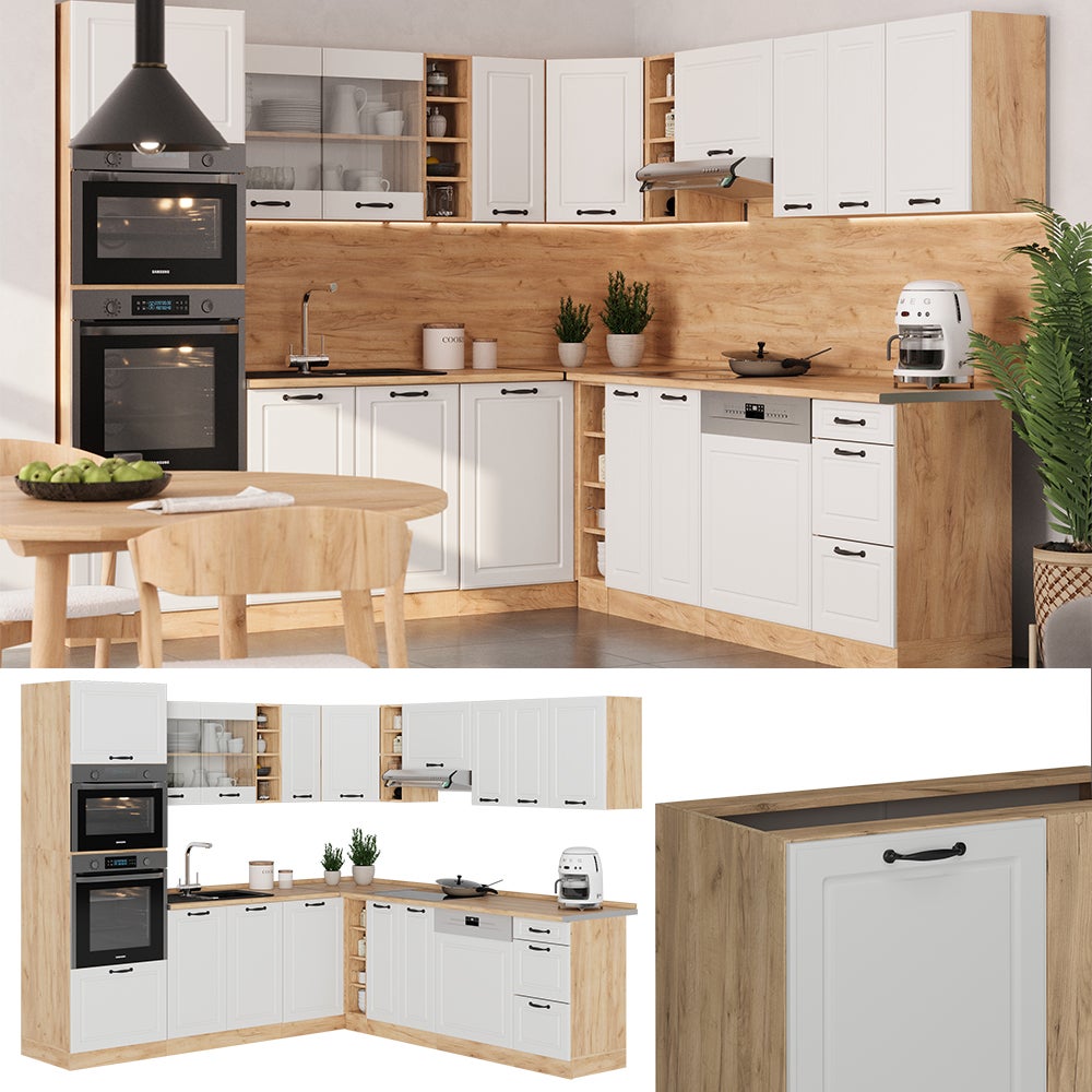 Vicco Cuisine en angle R-Line, Blanc campagnard/Chêne doré, 247x60cm , PT Chêne - 8