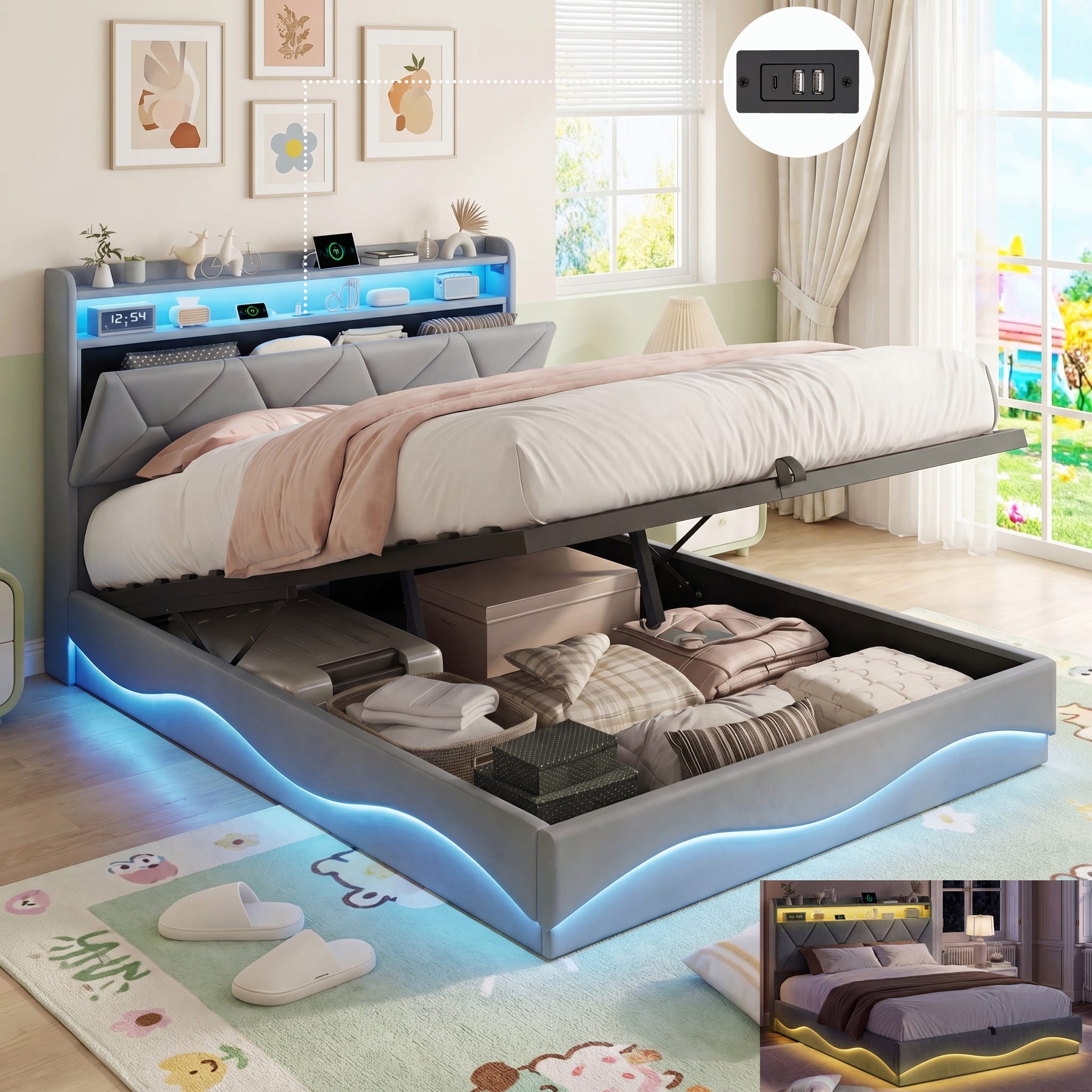 Lit coffre 160x200 cm, Éclairage LED, Lit double, Mécanisme de levage hydraulique, Lit adulte, Sommier à lattes, Velours, Beige - Maison Lit coffre 160x200 cm, Éclairage LED, Lit double, Mécanisme de levage hydraulique, Lit adulte, Sommier à lattes, Velours, Beige - Maison