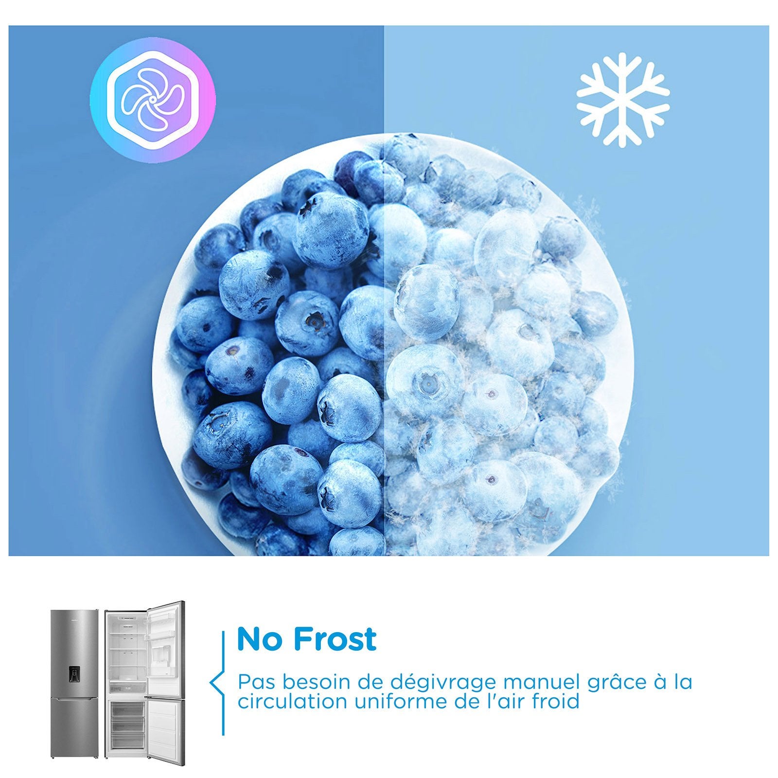 Réfrigérateur Combiné Congélateur Bas COMFEE - 308L - Classe D - Total No Frost (Sans givre)- L 63 cm x H 188 cm - Inox - 2