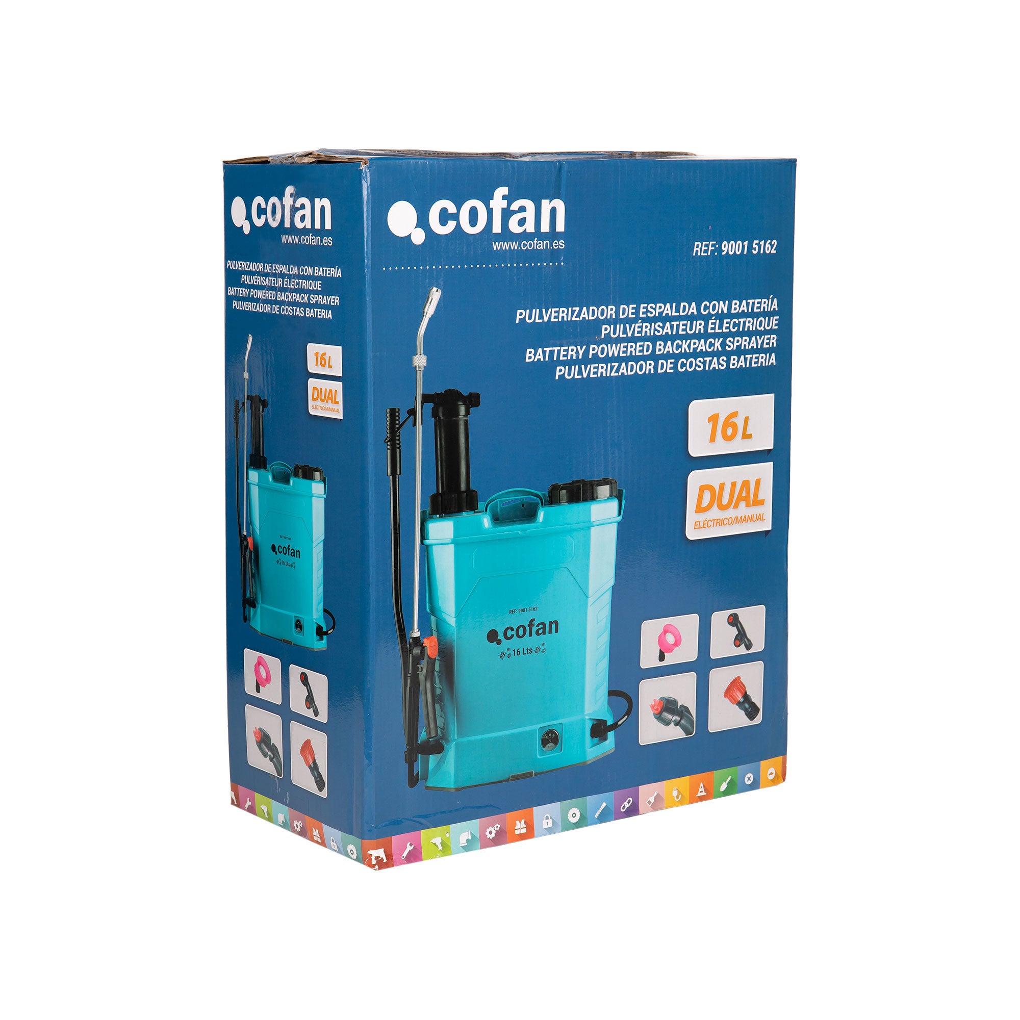 Cofan Pulverizador de espalda eléctrico | Capacidad: 16 litros | Batería de litio 12 V 8Ah | Doble uso manual y automático | Lanza extensible 110 cm - 9
