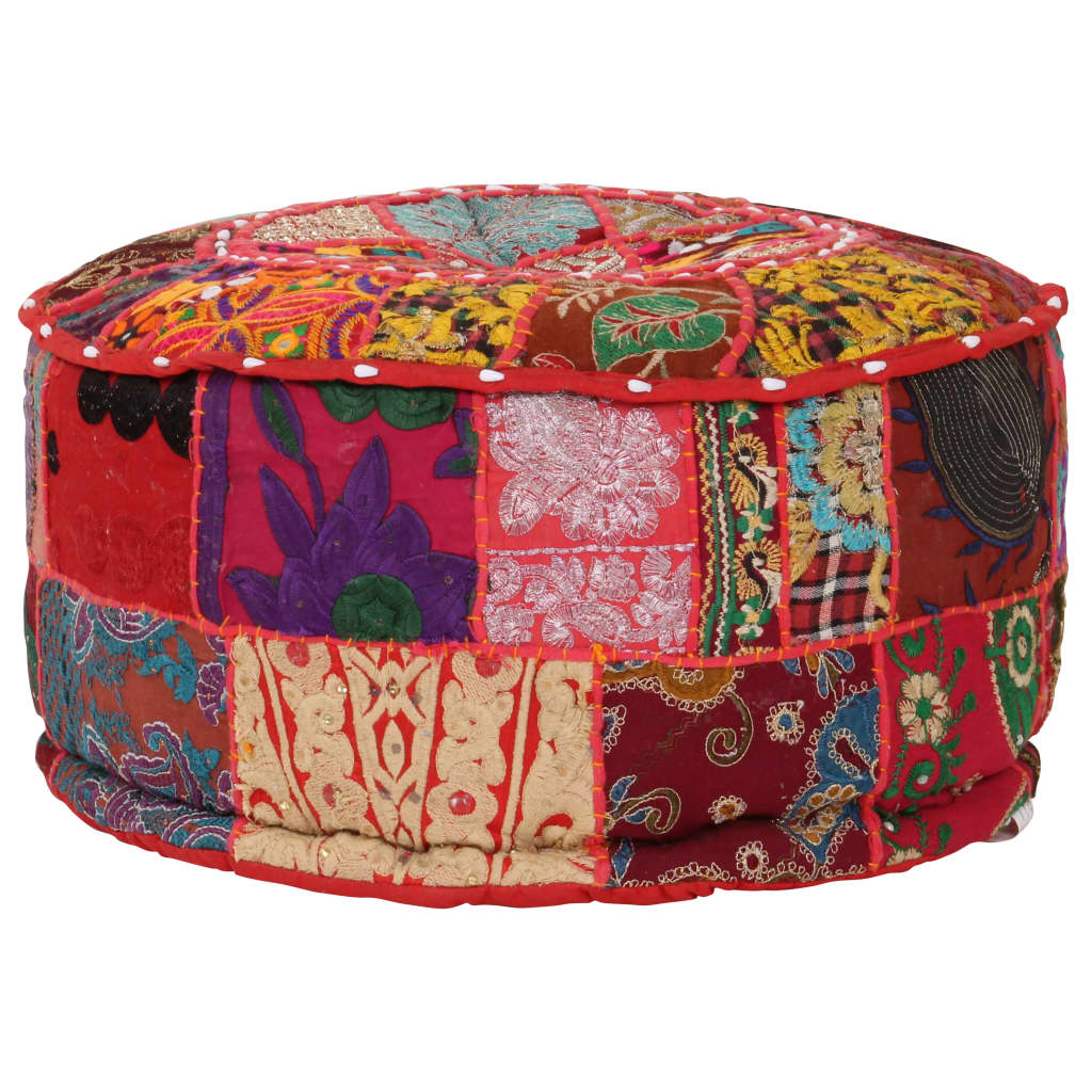Pufe redondo feito à mão em algodão patchwork 40x20 cm vermelho - 4