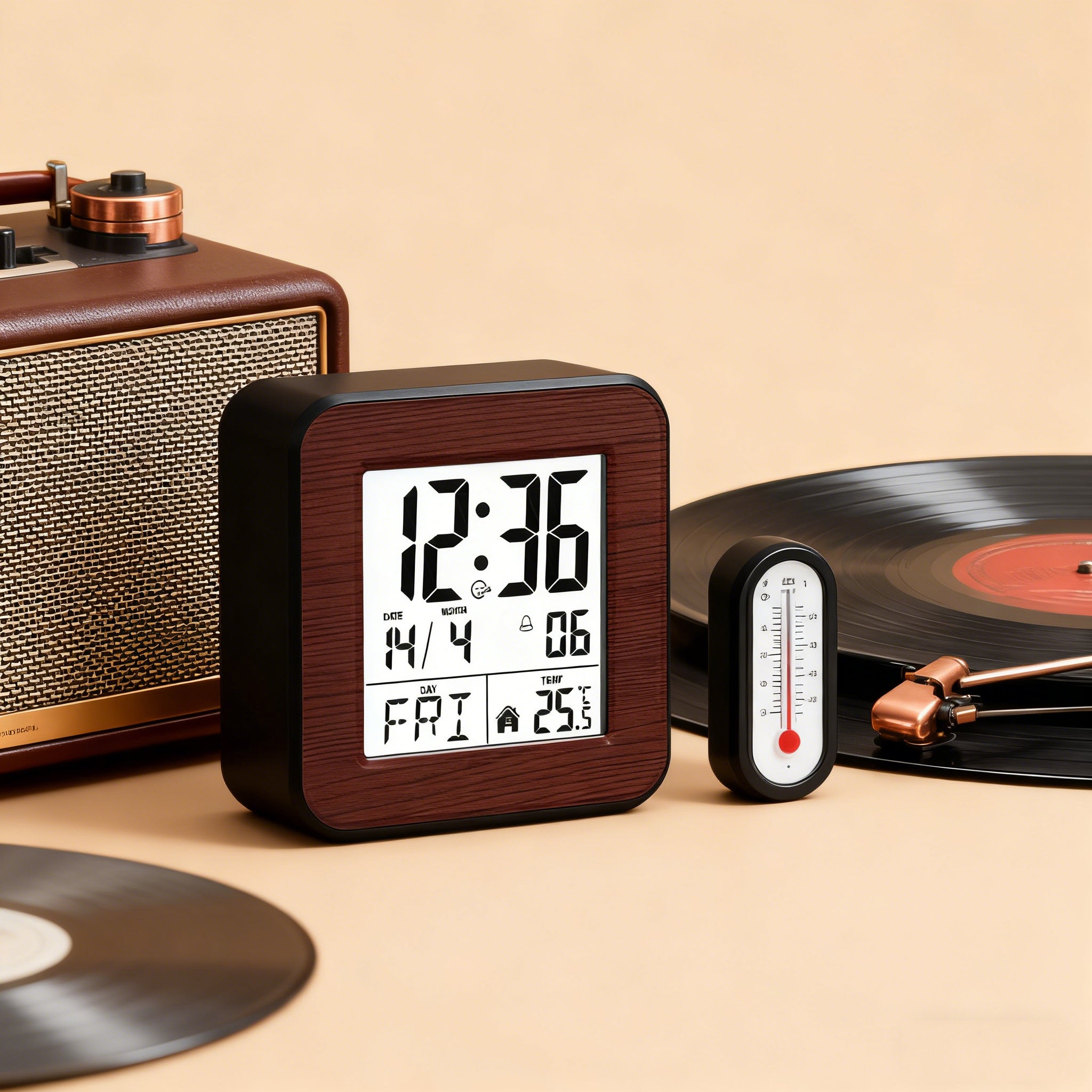 Set 4pcs sveglie digitali radiocontrollate con temperatura, data, schermo grande e snooze, perfette per camera, soggiorno e ufficio – marrone - 5
