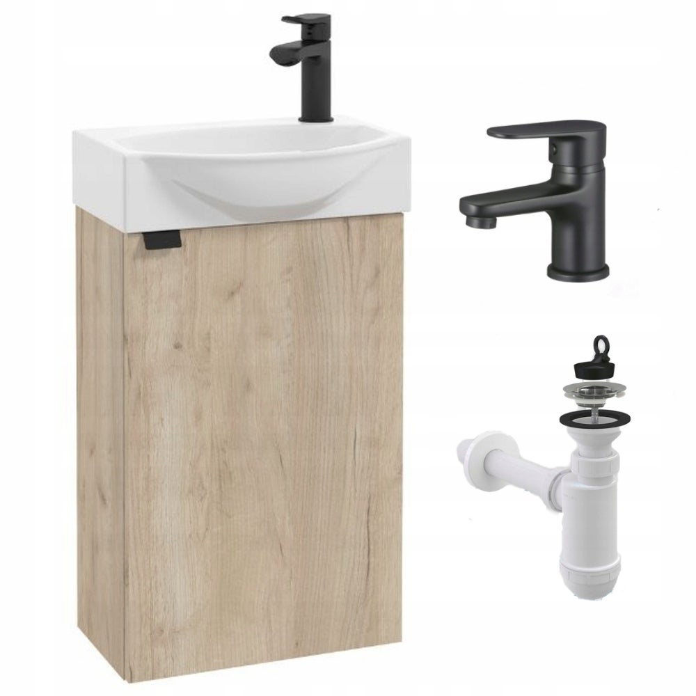 Szafka Łazienkowa z Umywalką 40 x 22 Wisząca Dąb Jasny Bateria Czarna Mała