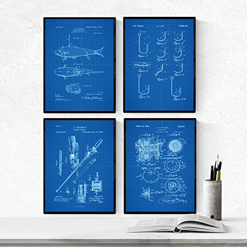 Azul pack de 4 láminas con patentes de pesca. set de posters con inventos y patentes antiguas. sin marco - a4