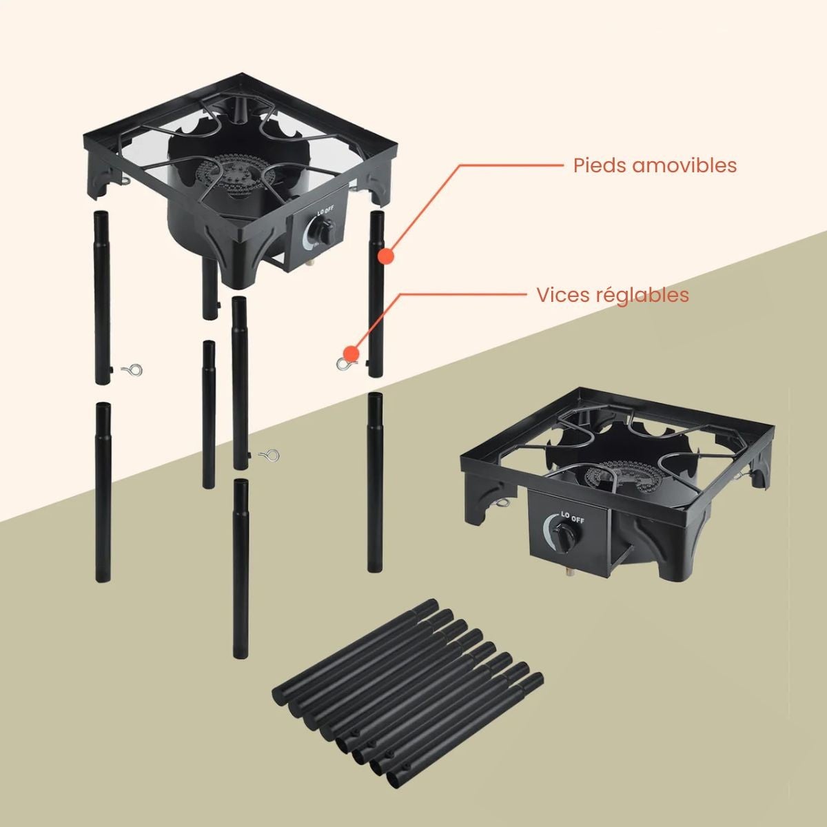 Réchaud à Gaz 1 feu 4500W 4 pieds modulables 3 Hauteurs Bruleur en fonte - Cuisine Extérieure 40 x 40 x H78cm Allumage Piezo - 5