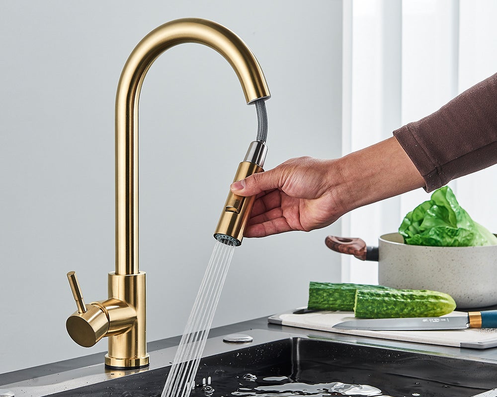Rubinetto da cucina con spruzzatore estraibile, rubinetto a barra monoforo in acciaio inossidabile, maniglia singola, oro spazzolato - 8