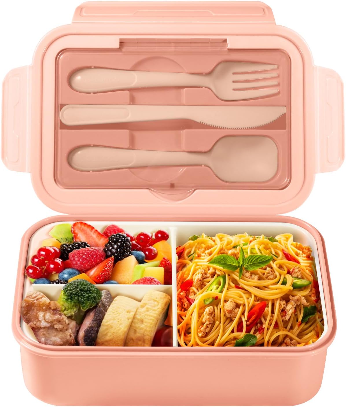 Lunchbox, Bento Lunch Box dla dzieci i dorosłych, 1400 ml, 3 przegrody, konstrukcja szczelna, Lunchbox ze sztućcami, nadaje się do mikrofalówki i myci