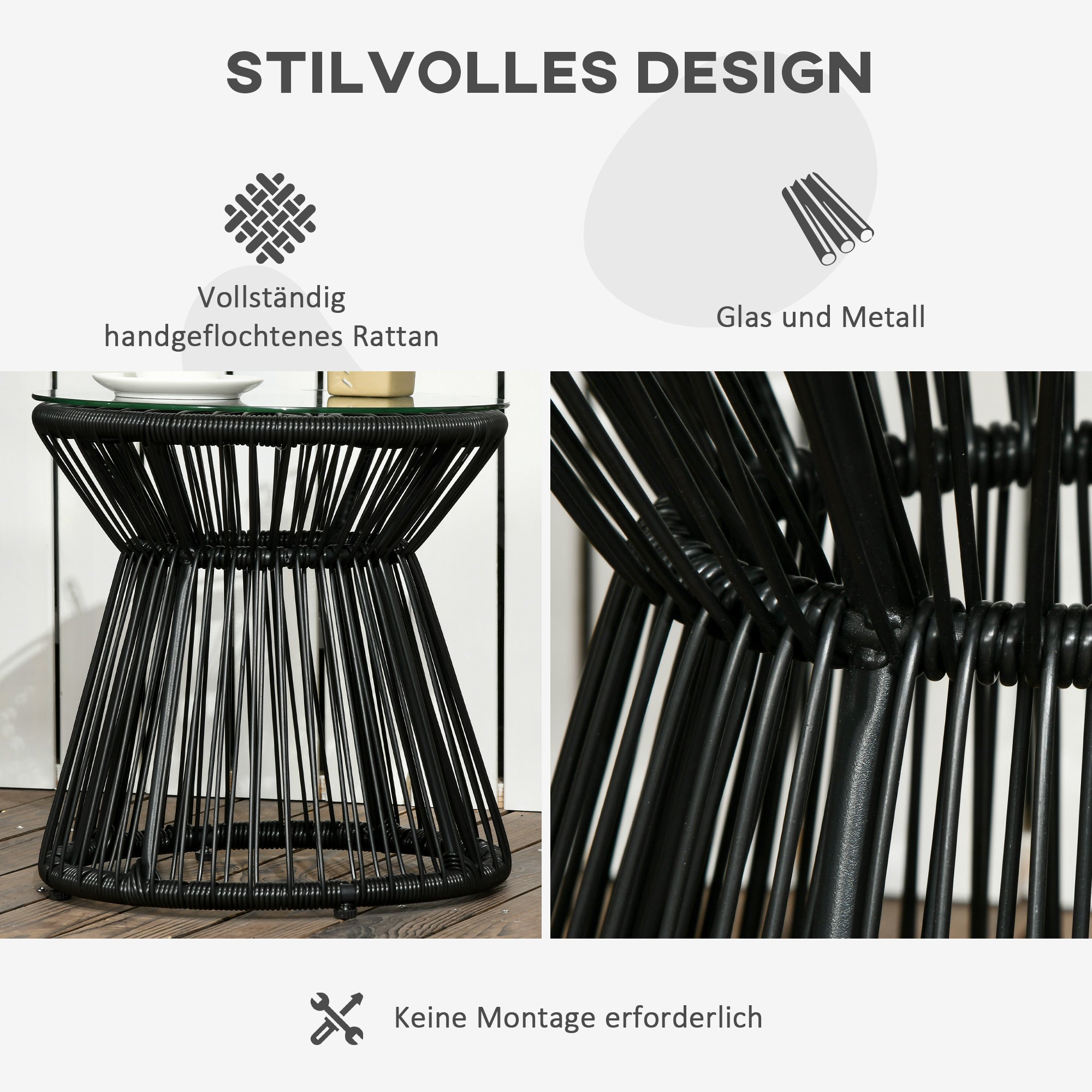 Table de jardin ronde en forme de tambour creux, table de bistrot avec plateau en verre, table basse noire pour jardin et balcon - 5