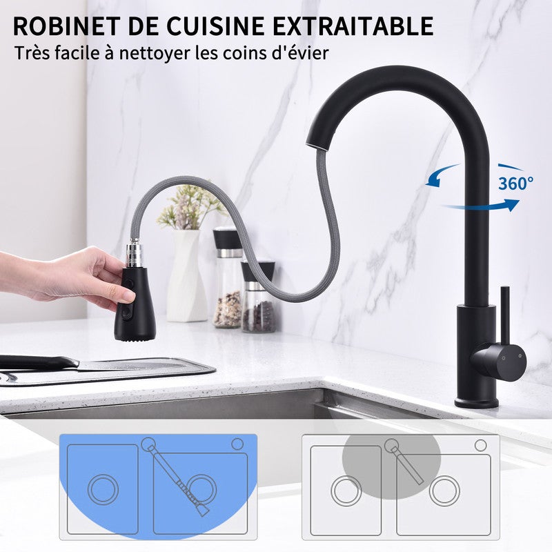 Torneira de Cozinha com Duchinha Extraível Misturador de Cozinha Preto em Aço Inoxidável Torneira de Pia de Cozinha Rotativa a 360° com 3 Modos - 6