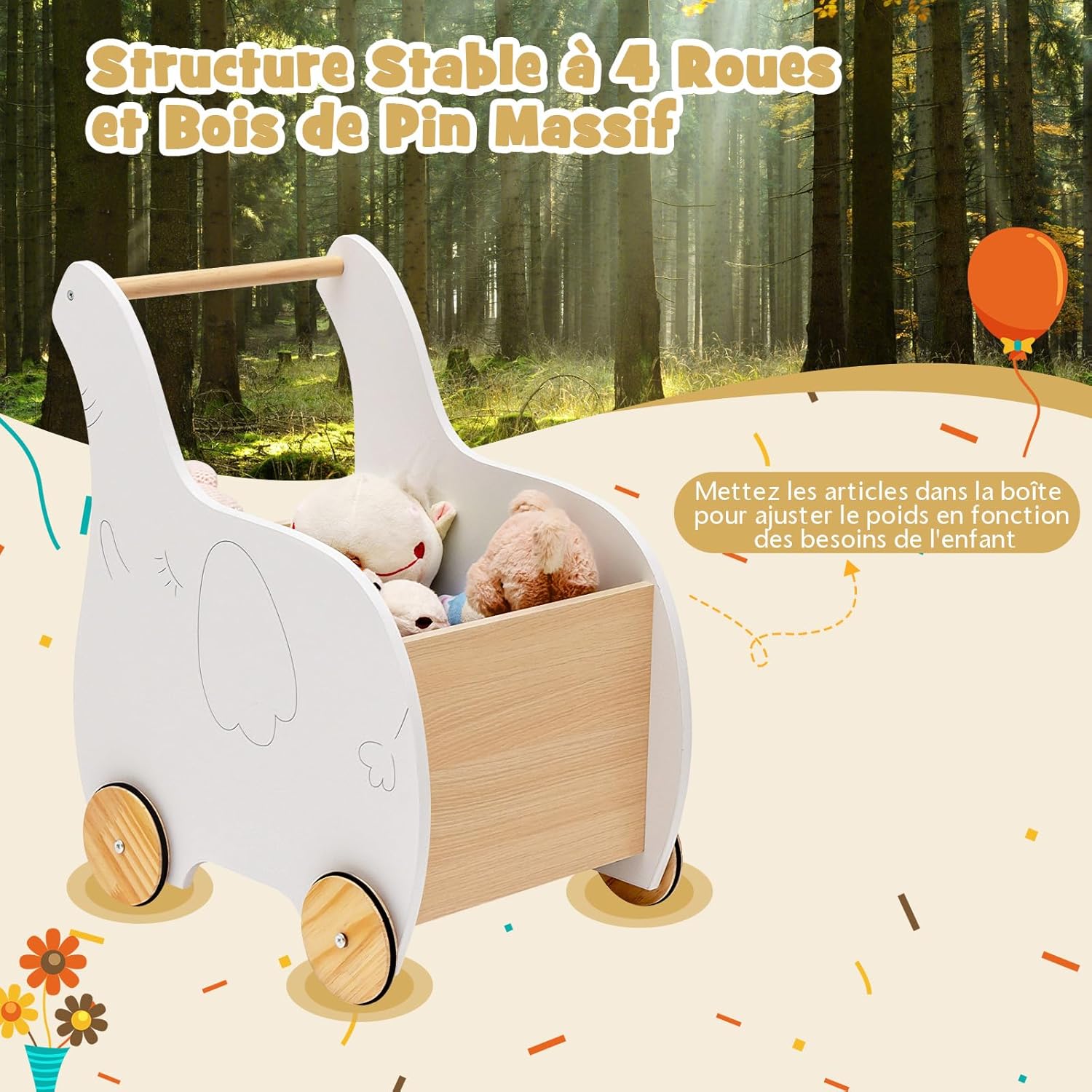 Trotteur Bois Bébé, Chariot de Marche 2 en1 avec Coffre à Jouets, Marcheur Enfant 1+ Ans Forme d'Éléphant, Parfait Cadeau pour Enfants - 8