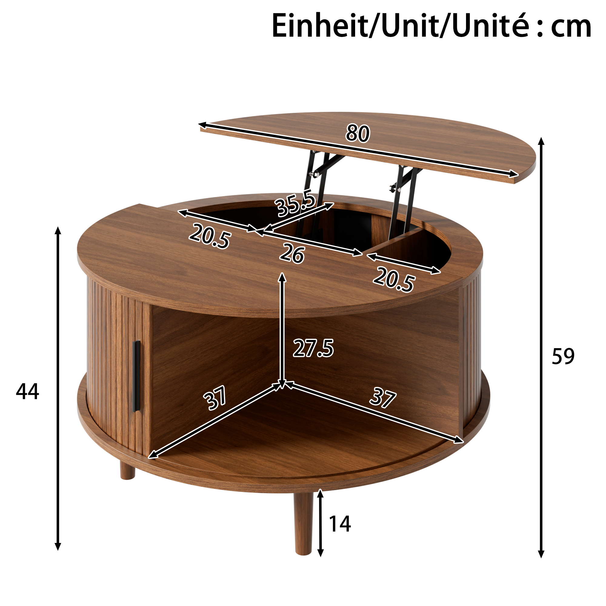 Table basse ronde réglable 80x80x59 cm avec tiroir coulissant , rangement intégré, MDF, Noyer - 5