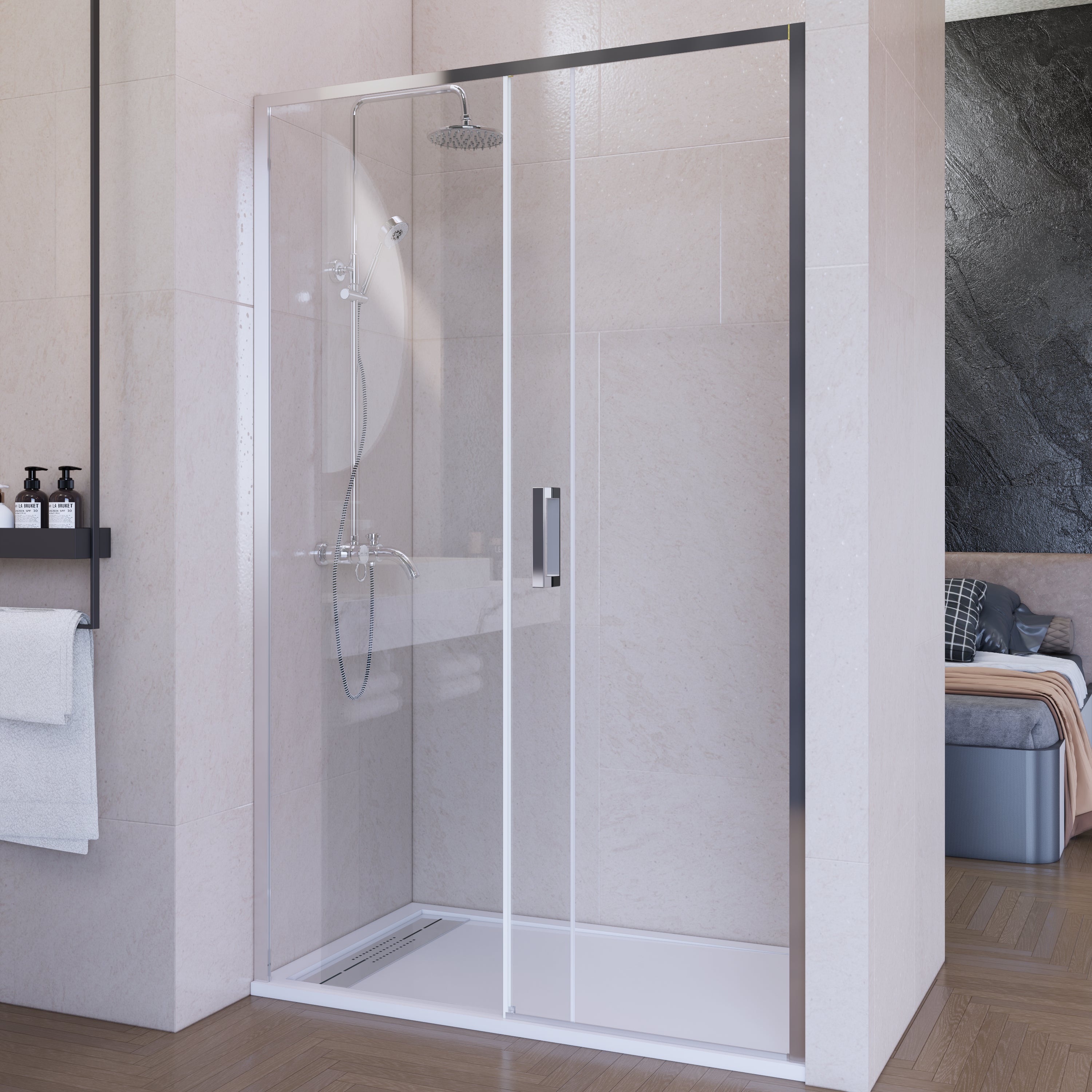 Mampara de ducha frontal corredera 100 cm 1 puerta + 1 fijo Plata cromo Cristal transparente 6 mm 195 cm altura - 4