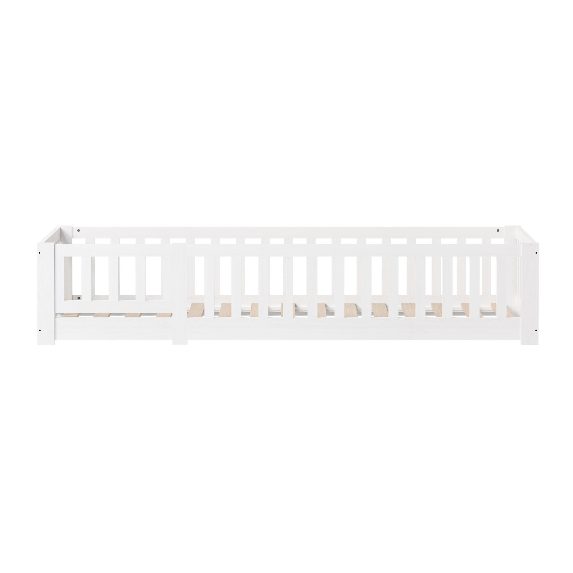 Lit enfant 90x200 cm, cadre en pin blanc, lit au sol, avec rambarde de sécurité, sommier à lattes, scandinave - 9