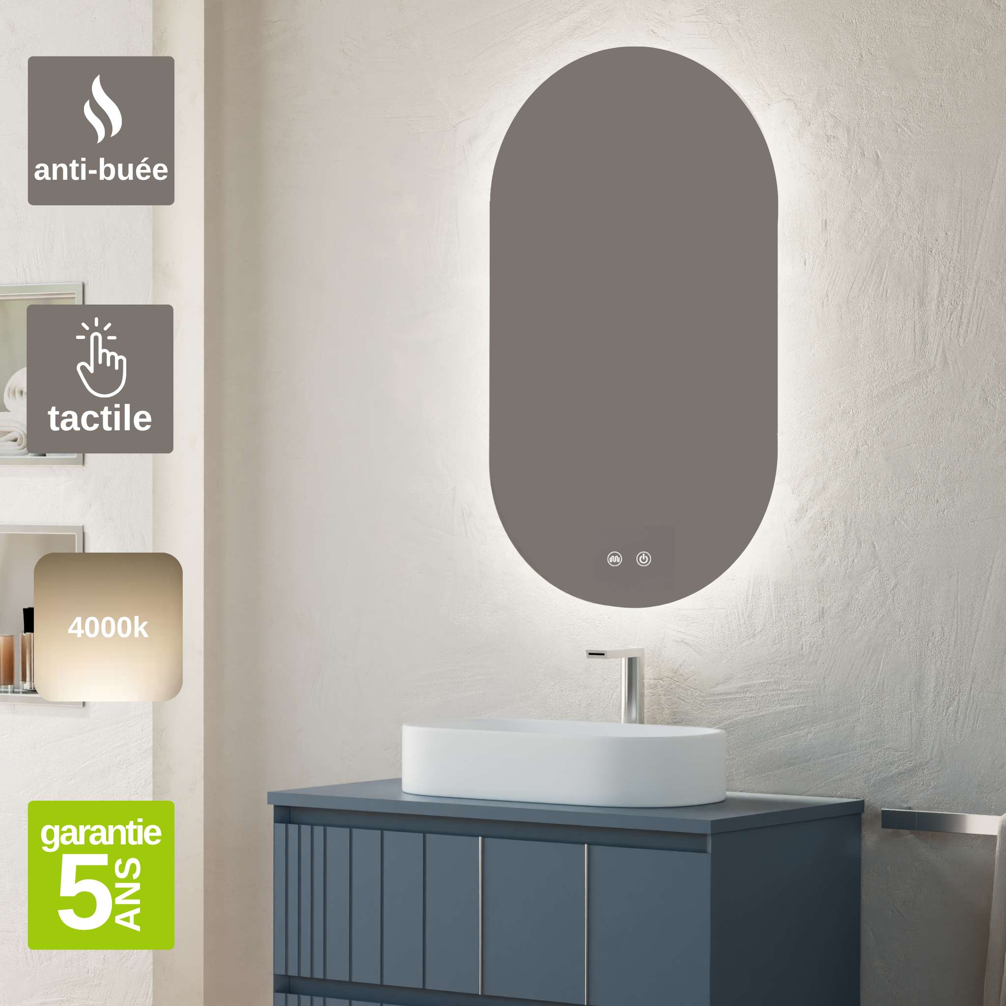 Miroir salle de bains LED rétroéclairé L50 x H90 cm – fonctions On/Off et anti-buée – PALMA SANIZÉO - 2