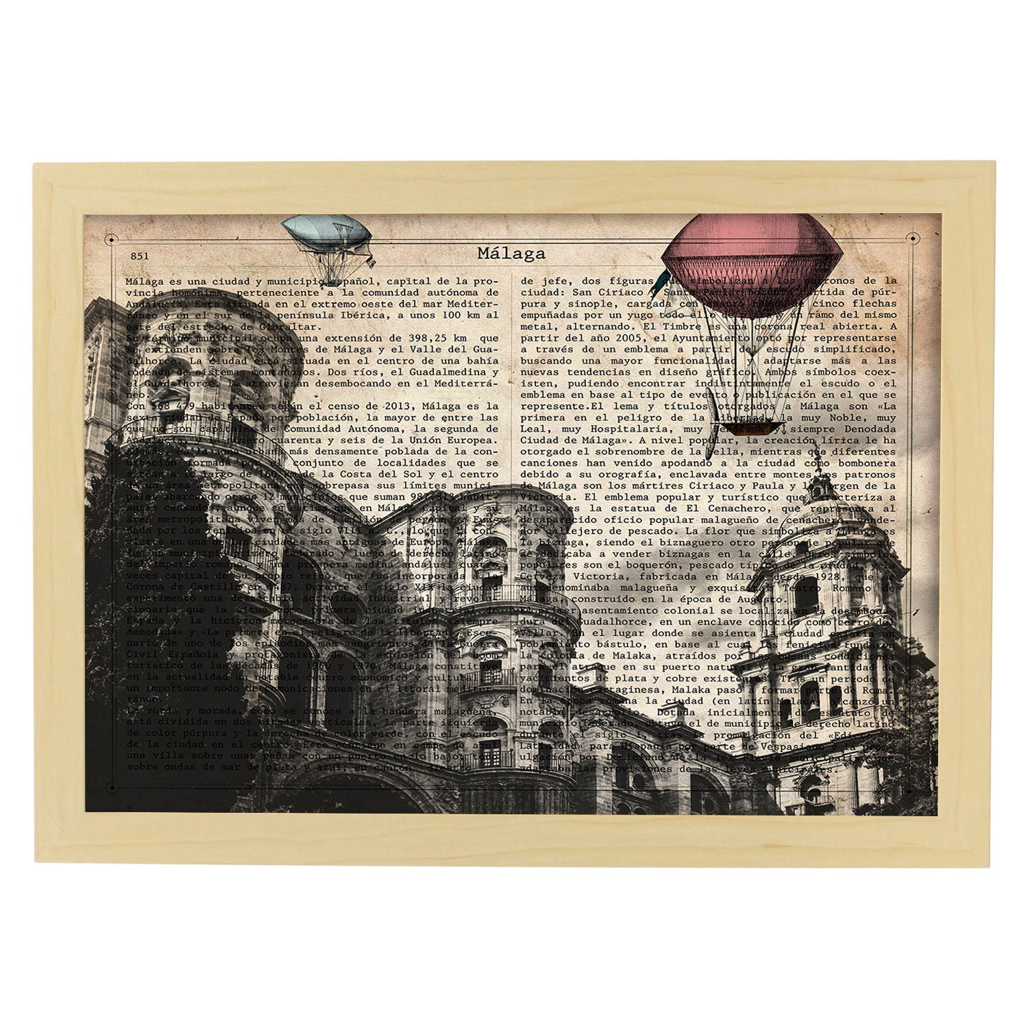 Lamina ciudad de malaga. estilo vintage. ilustracion, fotografia y collage con la historia de malaga. marco negro - a3