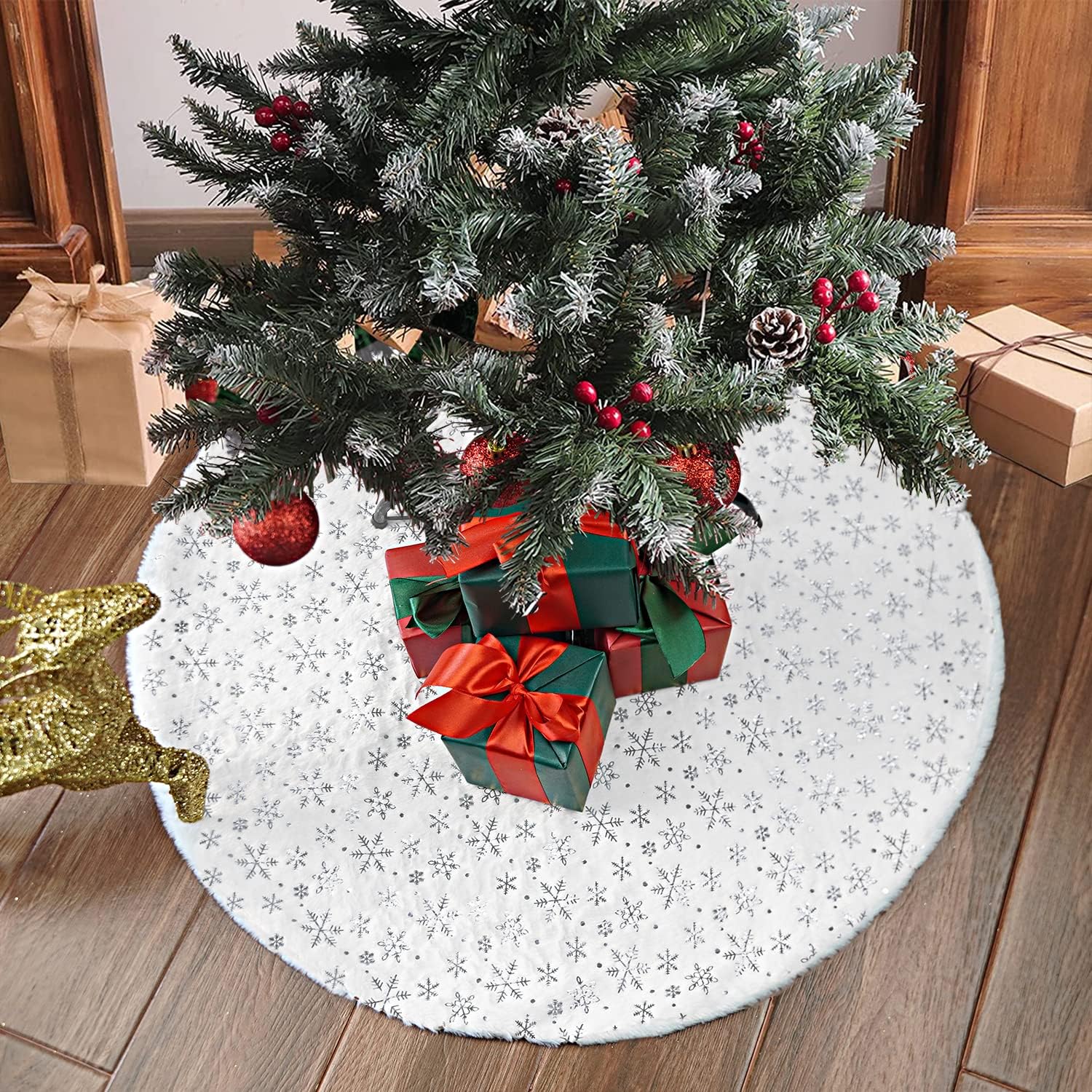Saia para árvore de Natal, base para árvore de Natal, tapete para árvore de Natal, lantejoulas de floco de neve prateadas (branco, 150 cm) - 8