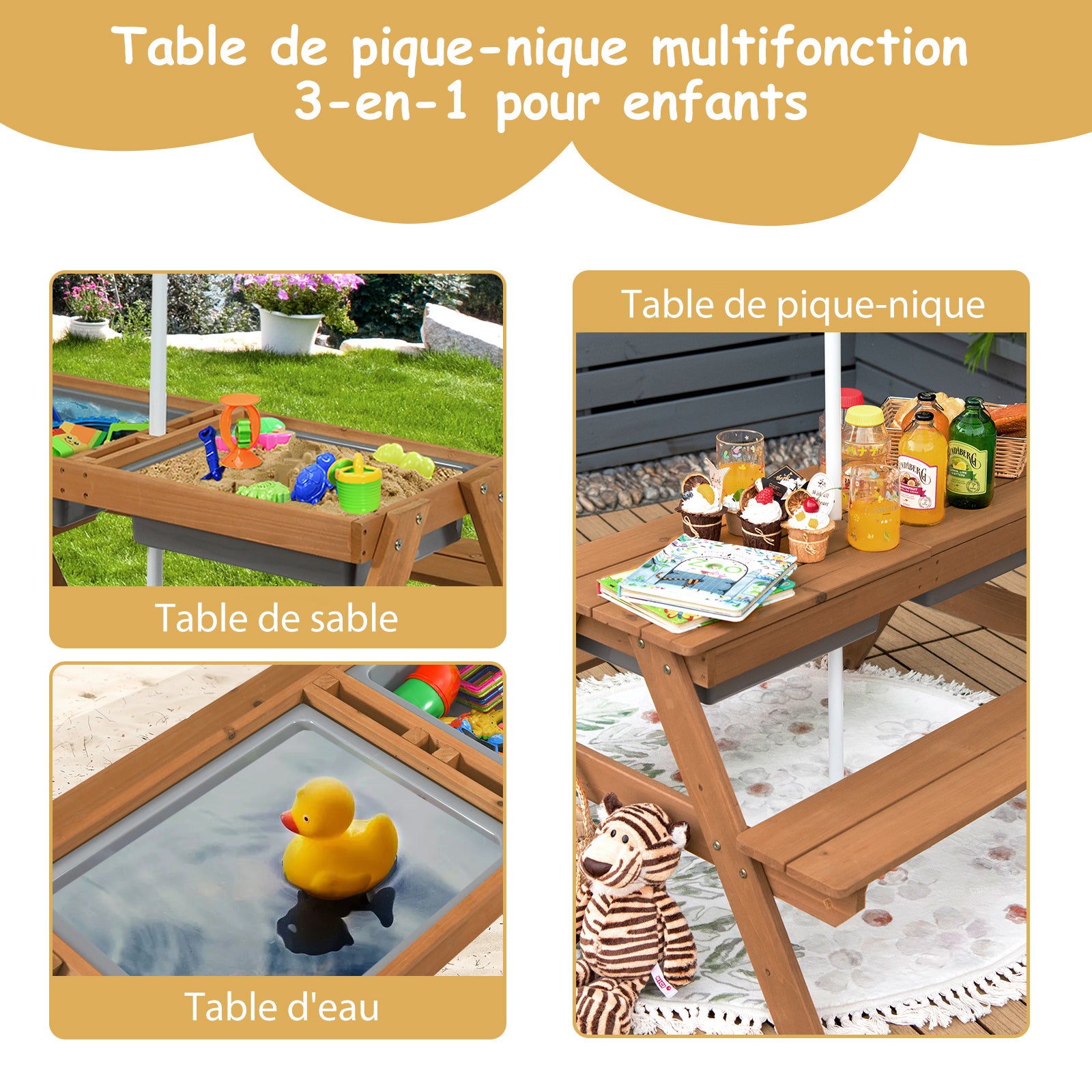 3 en 1 Table de Pique-Nique Enfants avec Parasol et Plateau Amovible, 2 Boîtes pour Sable & Eau pour 4 Enfants de 3-7 Ans, Charge 50kg (Bleu+Jaune) - 4