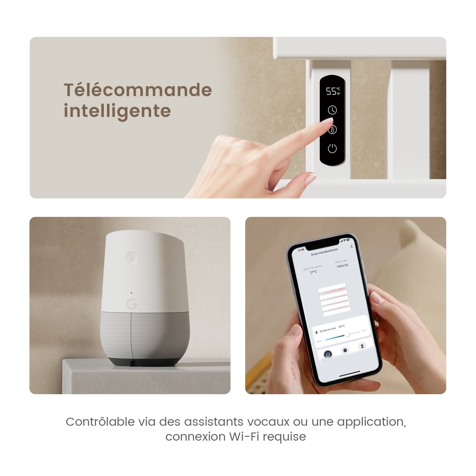 EMKE Sèche-serviettes Électrique Connecté - Blanc Brillant - Écran Tactile & WiFi (Tuya/Alexa) - 1000 x 500 mm, 320 W - 3