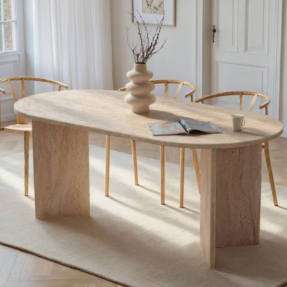 Sam - Table à manger 8 personnes effet travertin - Beige - 6