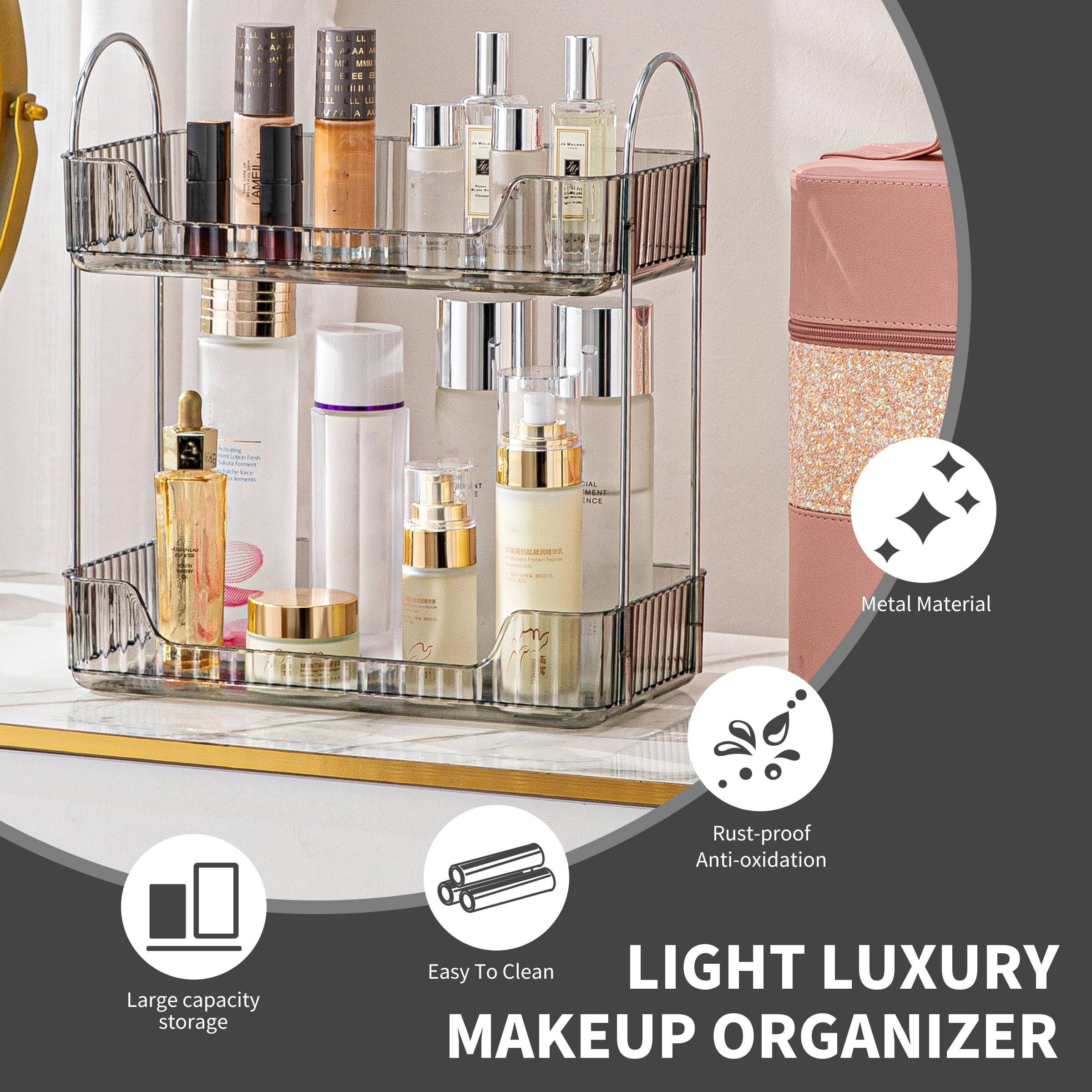 Organisateur Maquillage,Rangement Maquillage,Organisateur de Cosmétiques,Présentoir Cosmétique,Organisateur de Parfum(2 Couches,Gris) - 6