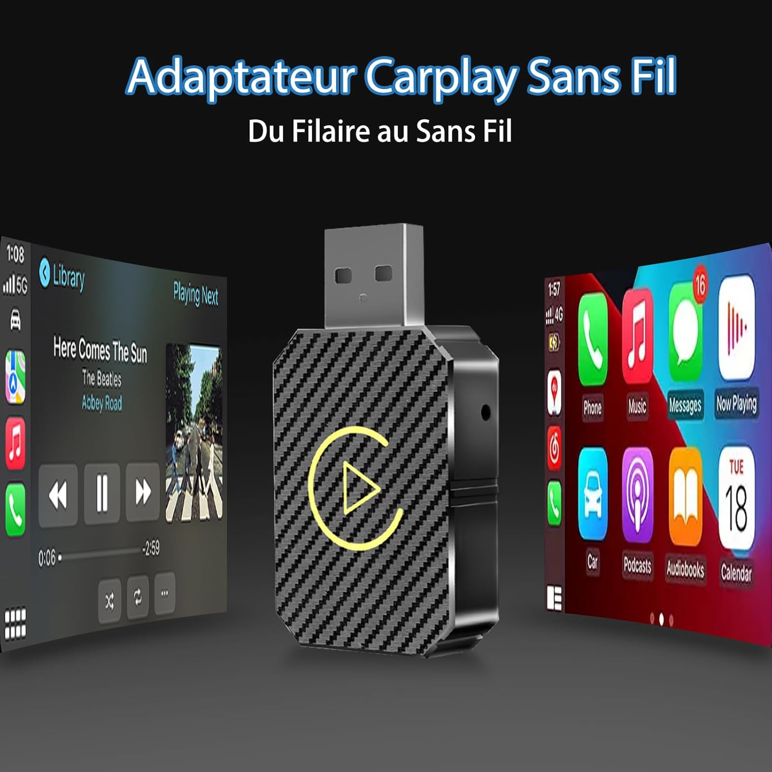 Adaptateur CarPlay sans fil avec câble d'extension USB A-C et Type-C, filaire vers sans fil, pour voitures 2016 et ultérieures et iOS 10+ - 3